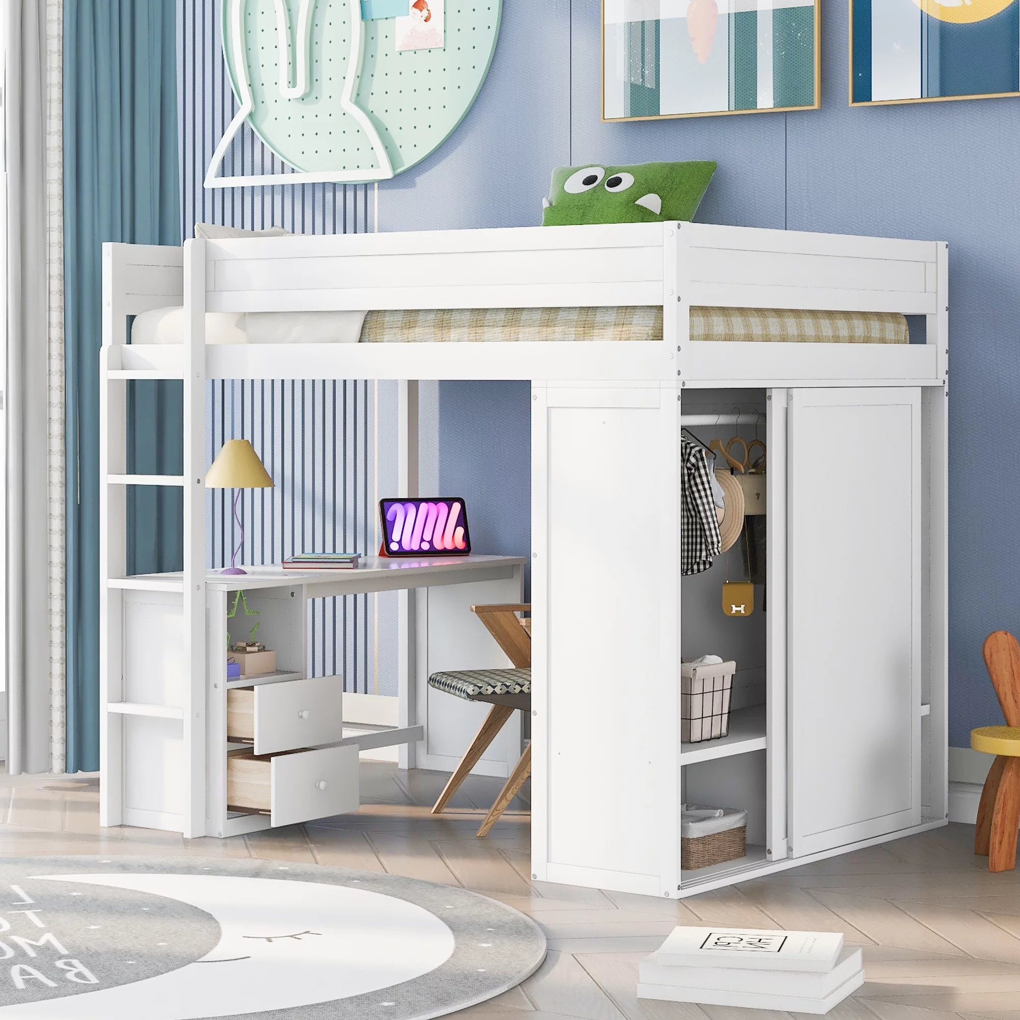 Full Wood Loft Bed with Wardrobes and 2-Drawer Desk with Cabinet, Loft Twin Bed with Desk for Teenagers, Multiple Functions Bed, Easy to Assemble (White)