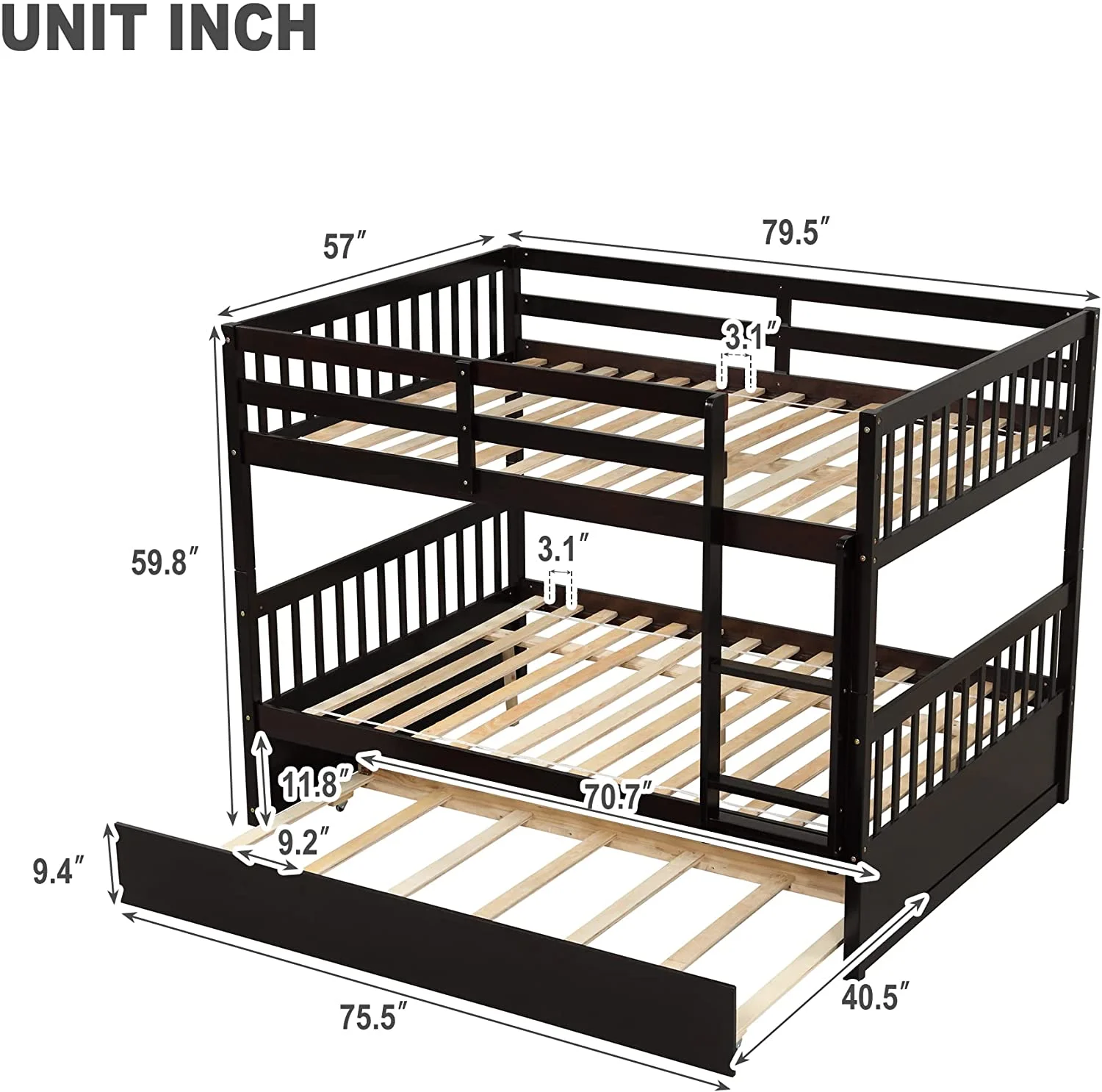 Full Over Full Bunk Bed with Trundle, Solid Bunk Bed for Kids, Teens, Adults, Full Size Bed Frame with Trundle, Ladder and Safety Rails, Convertible to 2 Full Size Platform Bed, No Box Spring Needed
