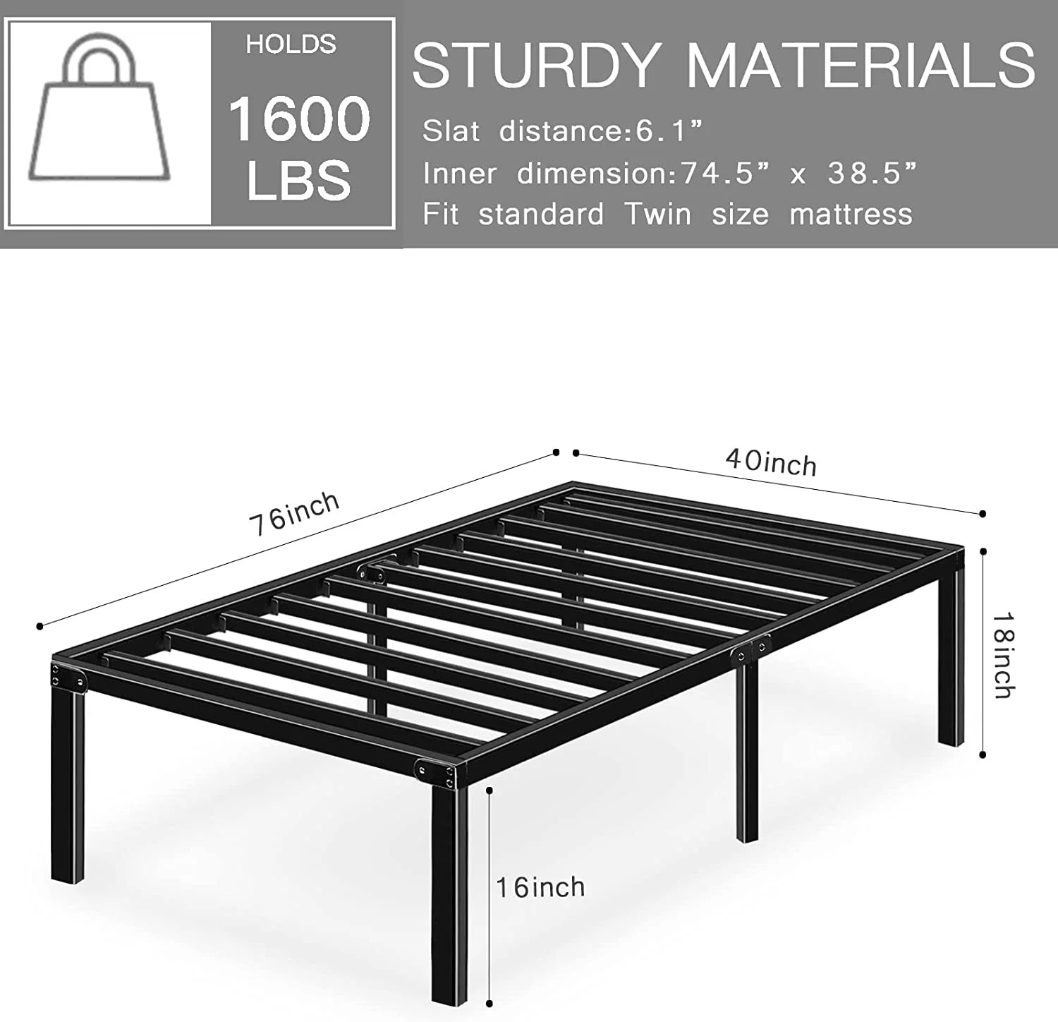 HAAGEEP 18 Inch Platform Twin Bed Frame with Storage Metal Bedframe No Box Spring Needed for Kids Tall Heavy Duty