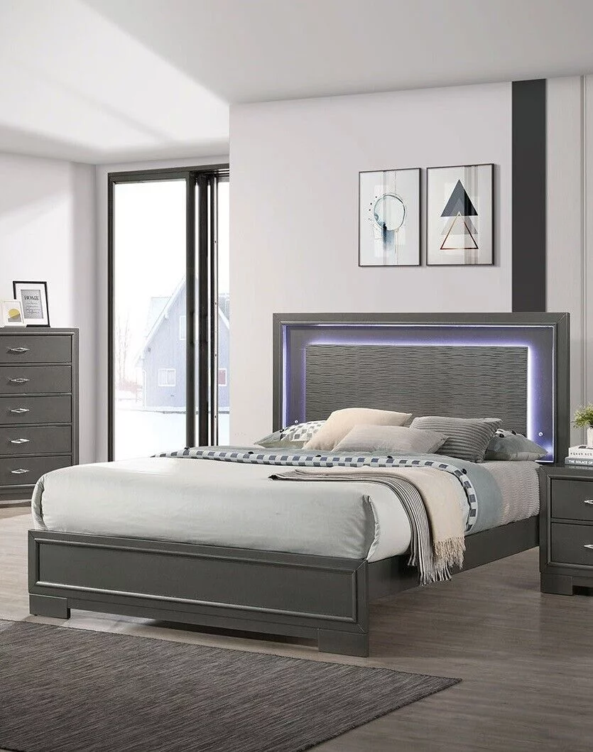 Metalic Gray Modern Contemporary 1pc Full Size Bed Textured Headboard w LED Bracket Feet Bedroom Furniture