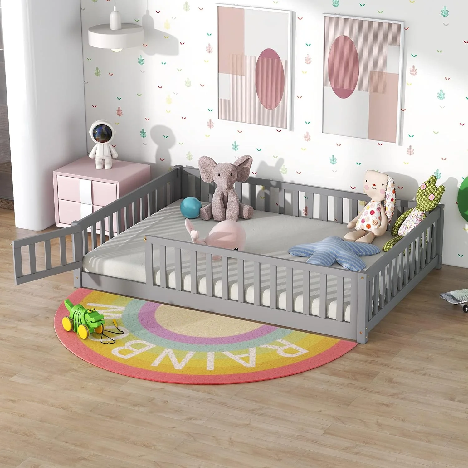 Full Size Floor Bed Wih Rails, Wood Moessori Floor Bed Full Size Wih Suppor Slas, Kids Full Bed Frame Wih Door Desig For Kids Boys,Girls, Grey
