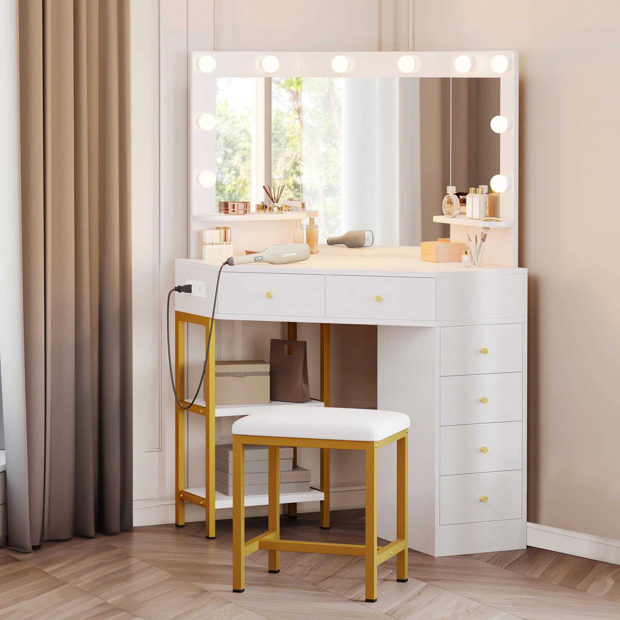 Dextrus Corner Vanity Desk With Lights & Mirror, Makeup Vanity with Shelf & 6 Drawers, Vanity Dressing Table for Makeup,Modern Desk Vanity for Bedroom, White