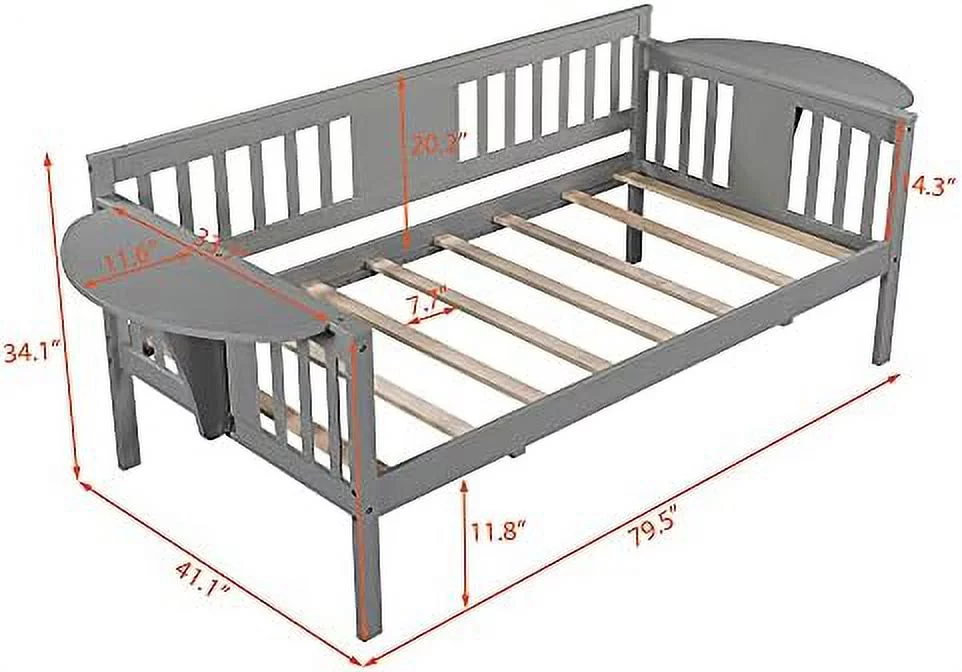 TJUNBOLIFE Harper & Bright Designs Wood Twin Size Daybed Sofa Bed Frame with Small Table Wood Slat Support Twin Daybed for Bedroom Living Room (Grey Twin Daybed)