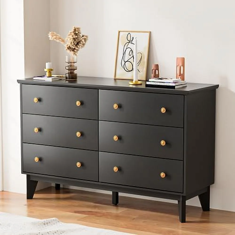 White Dresser for Bedroom 6 Drawer Double Dresser with Deep Drawers and Gold Knobs Wood Chest of Drawers for Living Room Office
