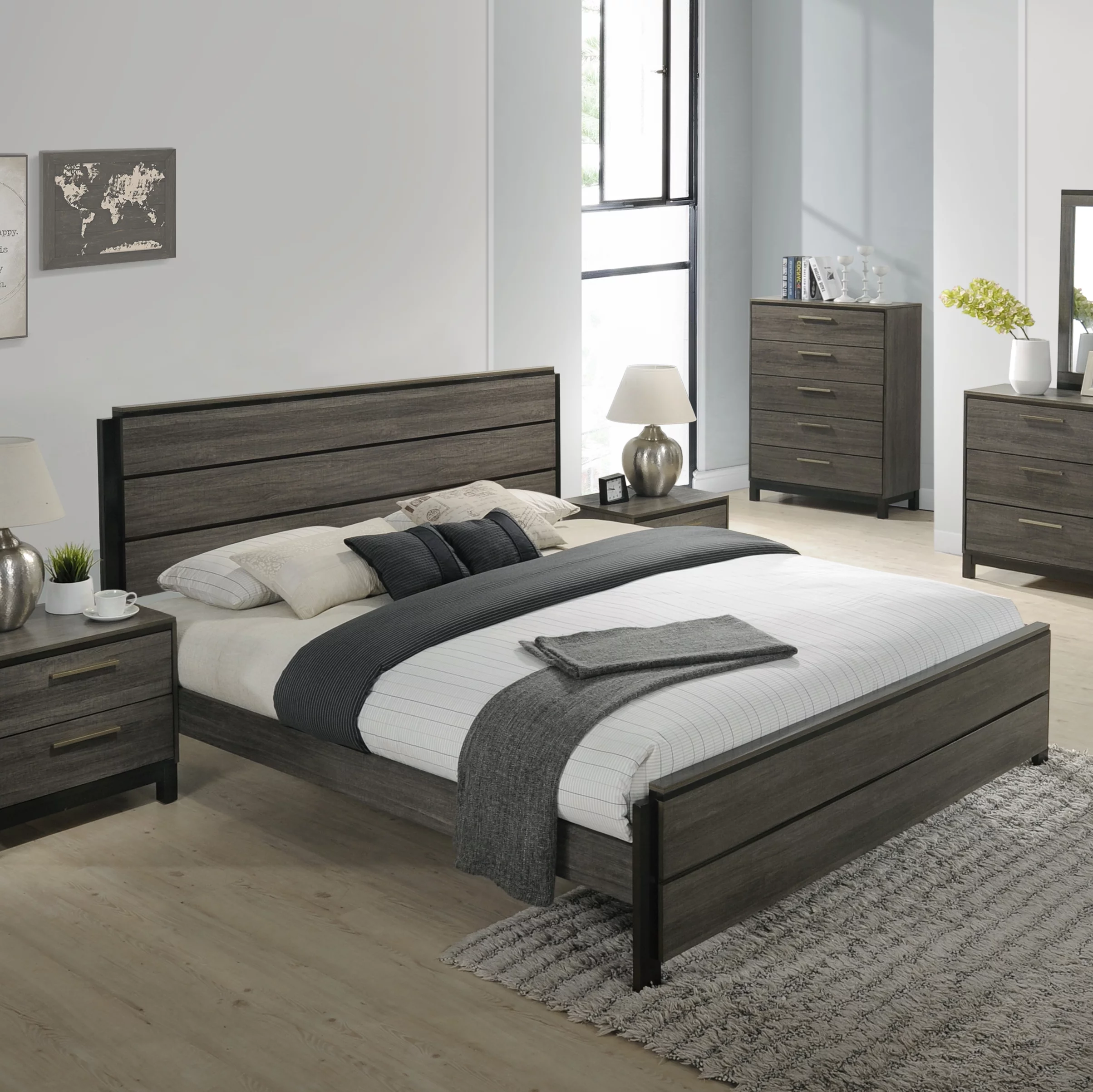 Roundhill Ioana Antique Grey Finish Wood Bed Room Set, King Size Bed, Dresser, Mirror, Night Stand