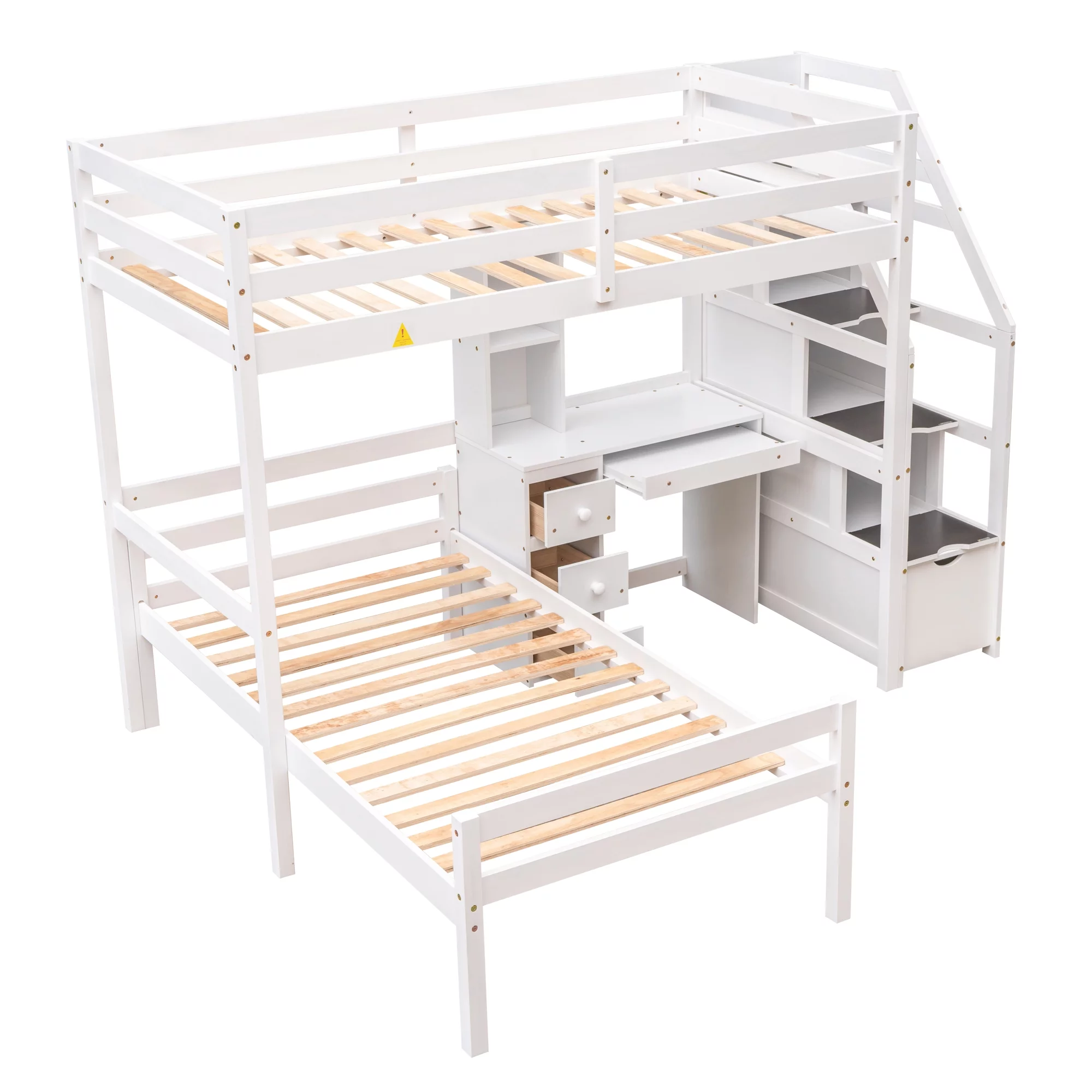 Leadzm Twin Size Loft Bed with a Stand-alone Bed, Storage Staircase, Desk, Shelves and Drawers, White