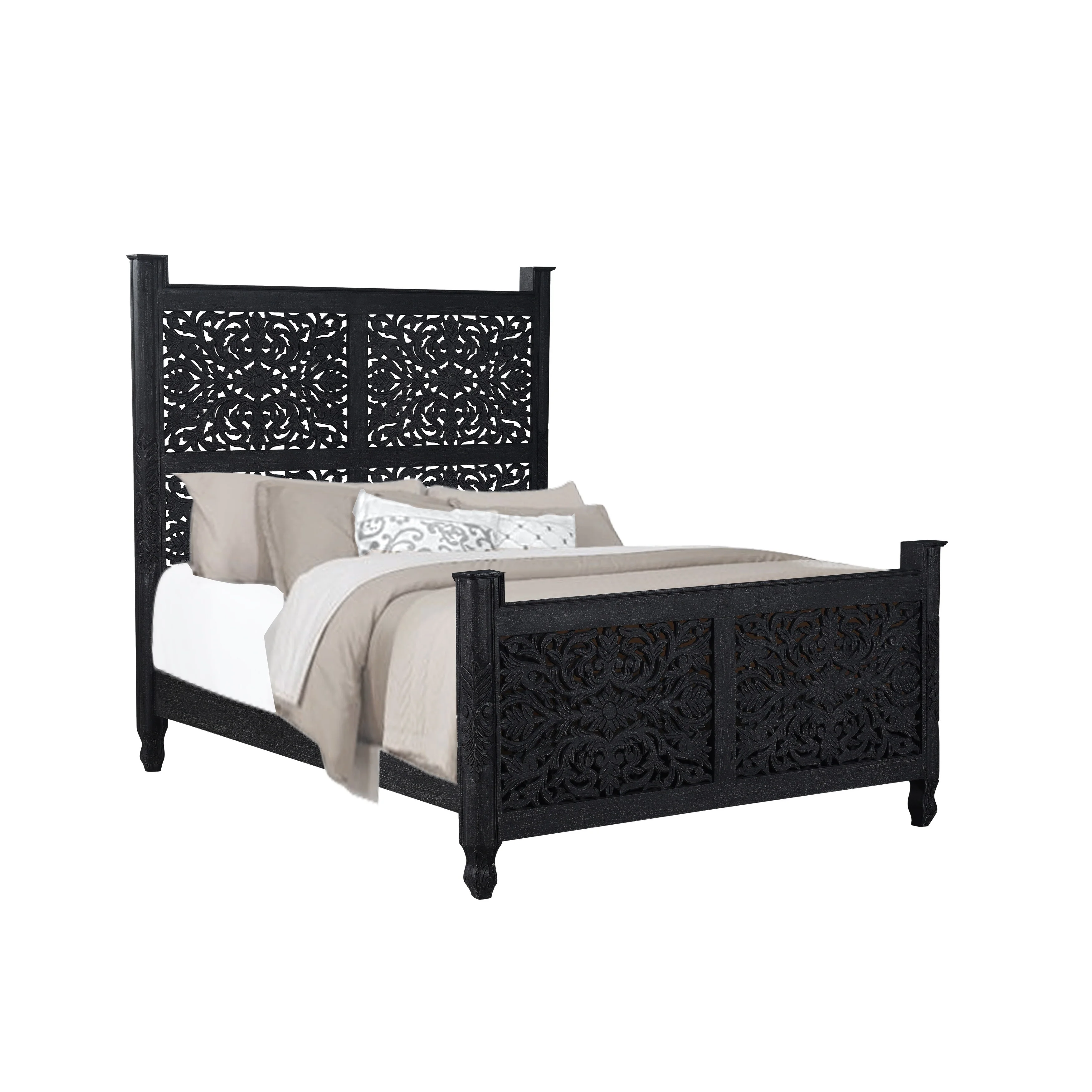 Florence Floral Carved Wood Queen Panel Bed Gray French Country