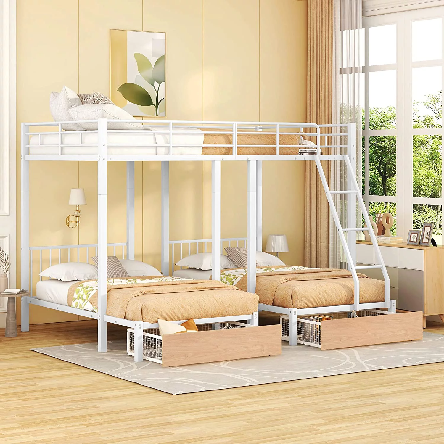 Metal Triple Bunk Bed With Drawers And Guardrails, Full Over & Bunk Bed For 3, Space-Saving, Noise Free, No Box Spring Needed - White
