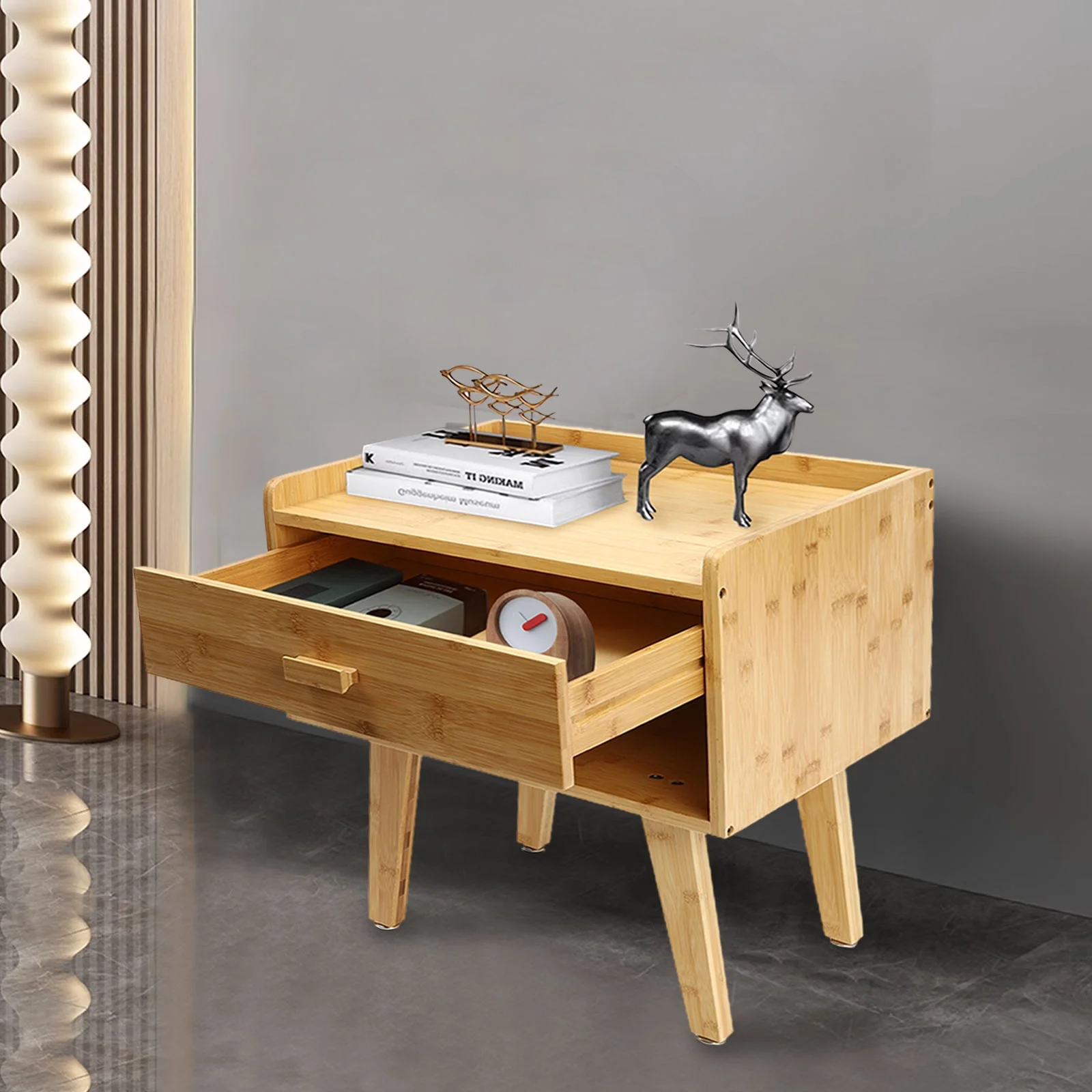 YIYIBYUS Bamboo Nightstand Sofa Table End Table with Storage Drawer and Open Shelf