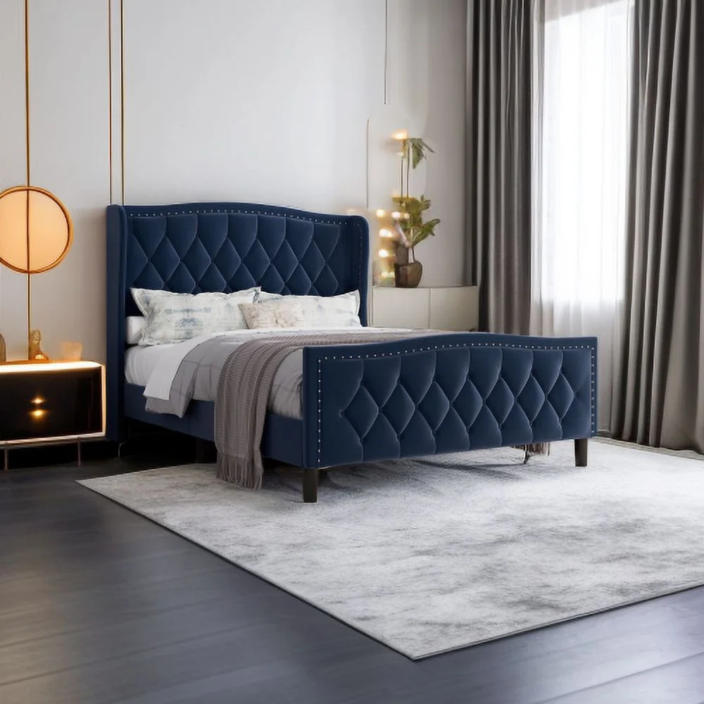 Modern Upholstered Platform Bed Velvet Fabric