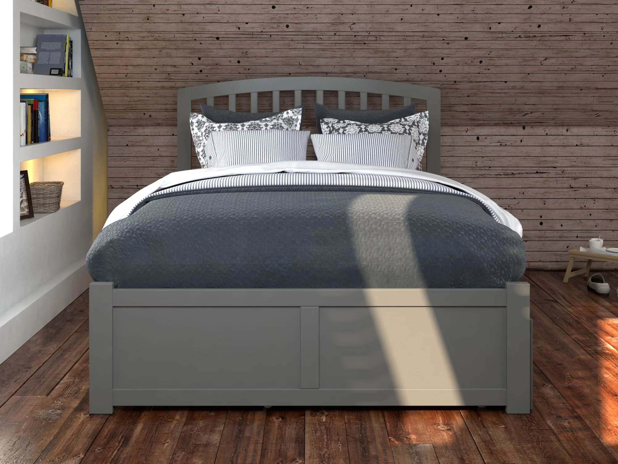 Richmond Full Platform Bed with Flat Panel Foot Board and 2 Urban Bed Drawers in Grey