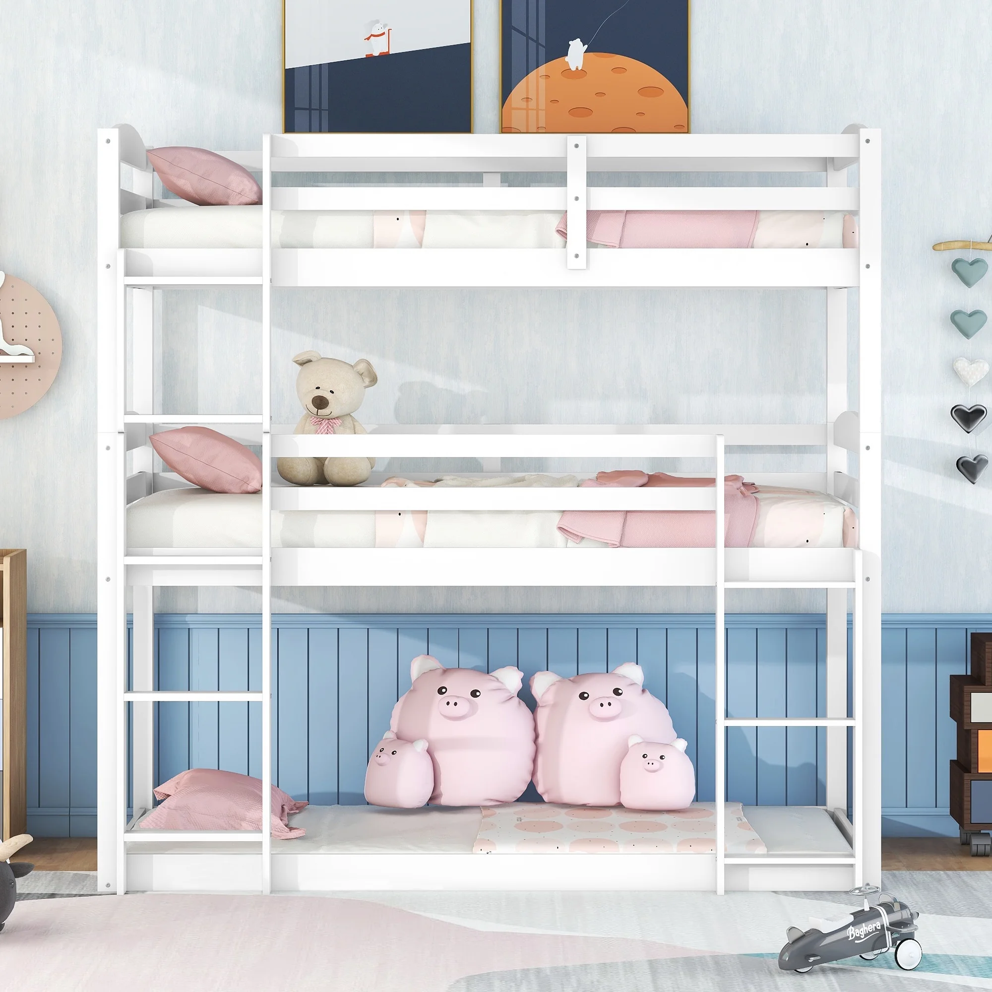 Nestfair White Twin over Twin over Twin Triple Bunk Bed