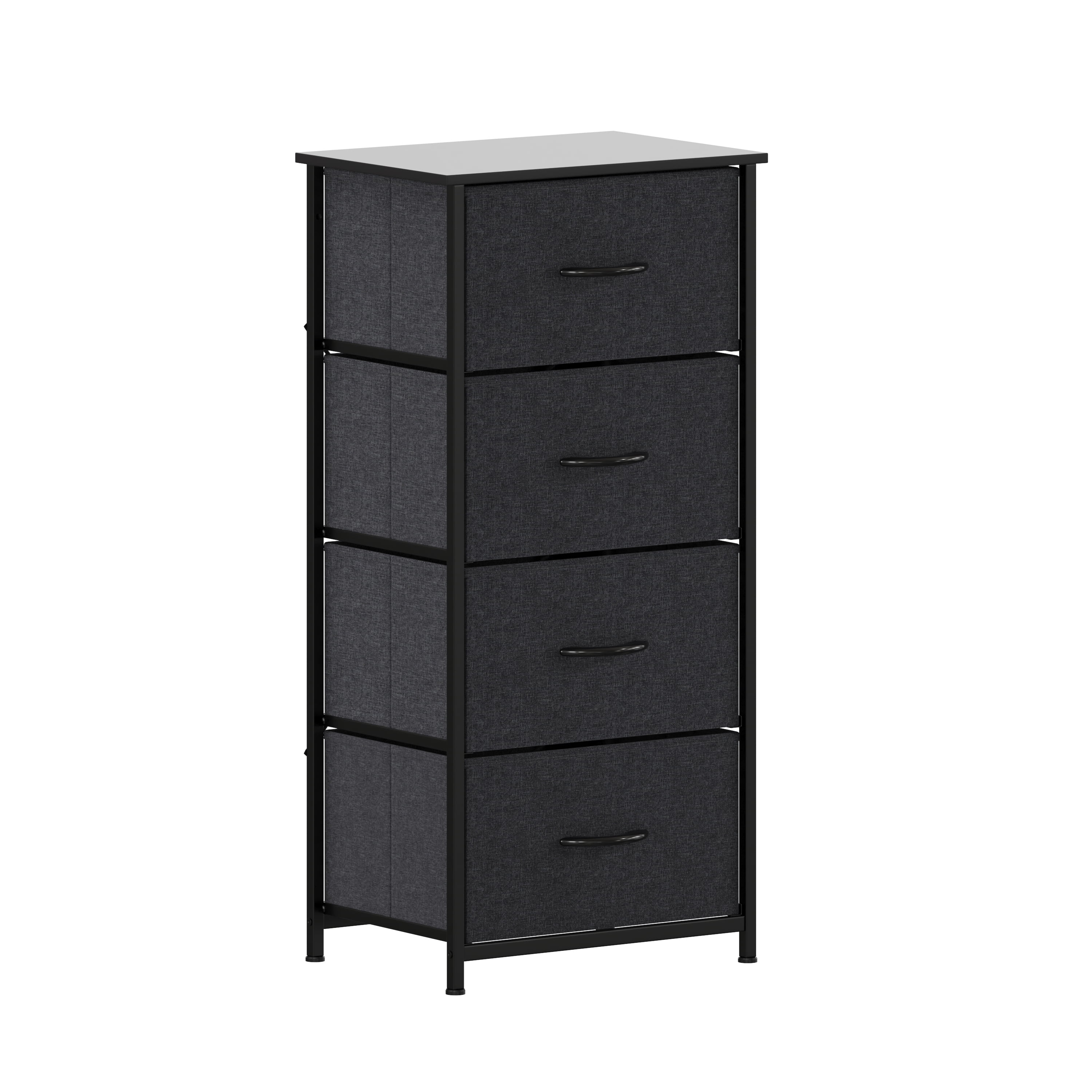 Emma + Oliver 4 Drawer Storage Dresser with Black Cast Iron Frame and Wood Top and Black Easy Pull Fabric Drawers with Wooden Handles