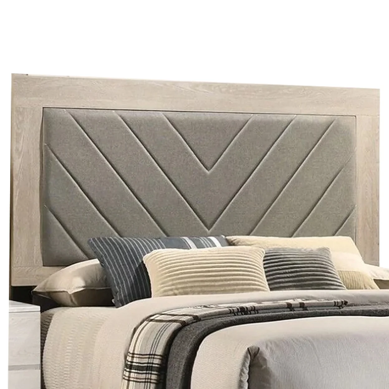 Cato Upholstered Queen Size Bed Chevron Tufted Gray Headboard Cream- Saltoro Sherpi