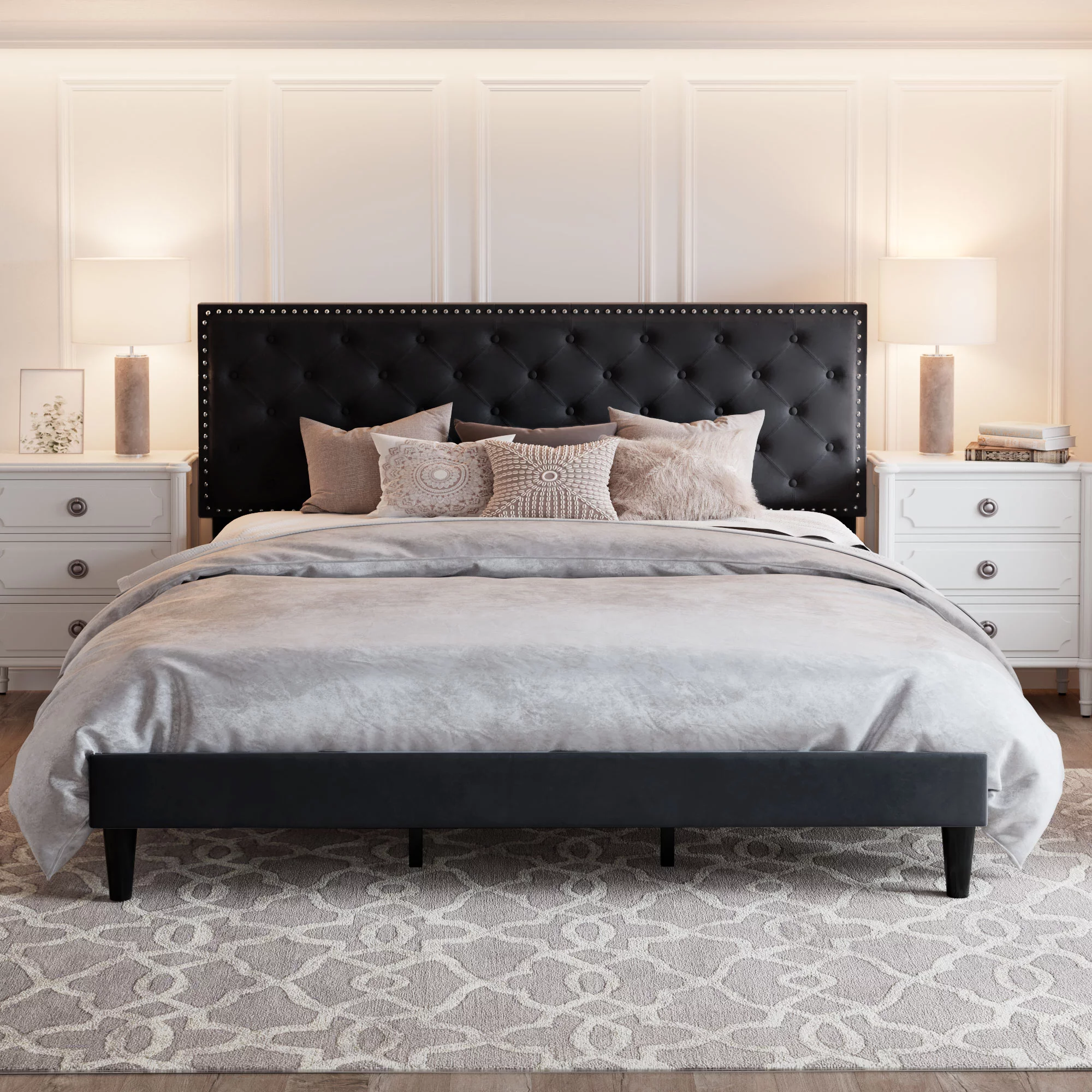 Amolife King Bed Frame with Adjustable Velvet-Studded Headboard, Black