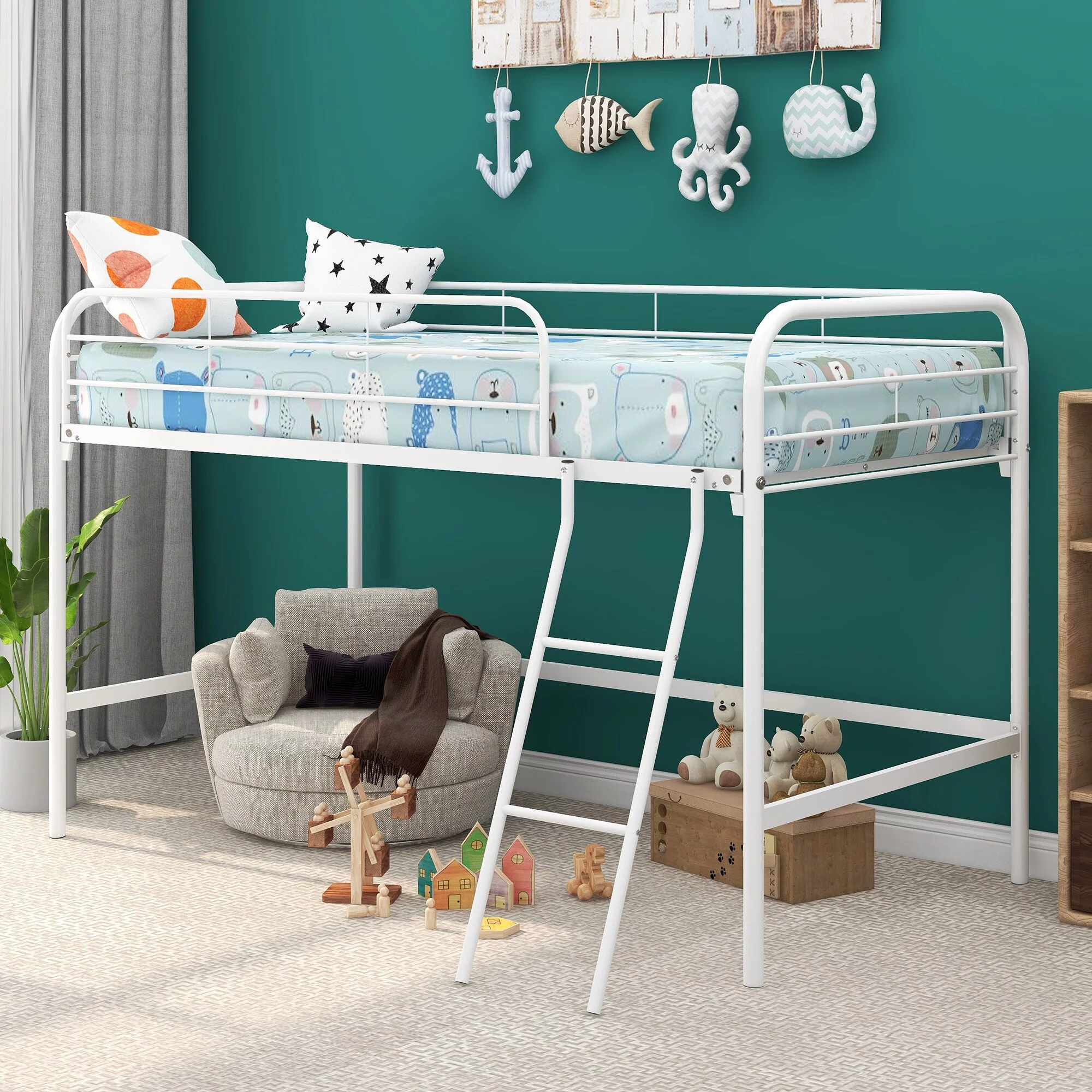 Kahomvis 41.26 in. D x 77.95 in. W x 50 in. H White Metal Twin Bunk Bed