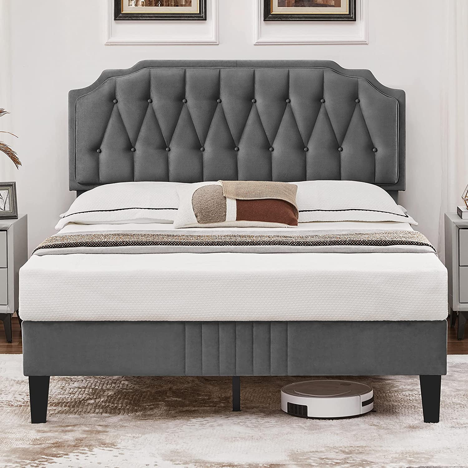 Full Bed Frame Velvet Upholstered Platform Bed with Curved Headboard, Height-Adjustable Headboard/Noise-Free/Wooden Slats Support/No Box Spring Needed/Easy Assembly, Dark Gray Full Bed
