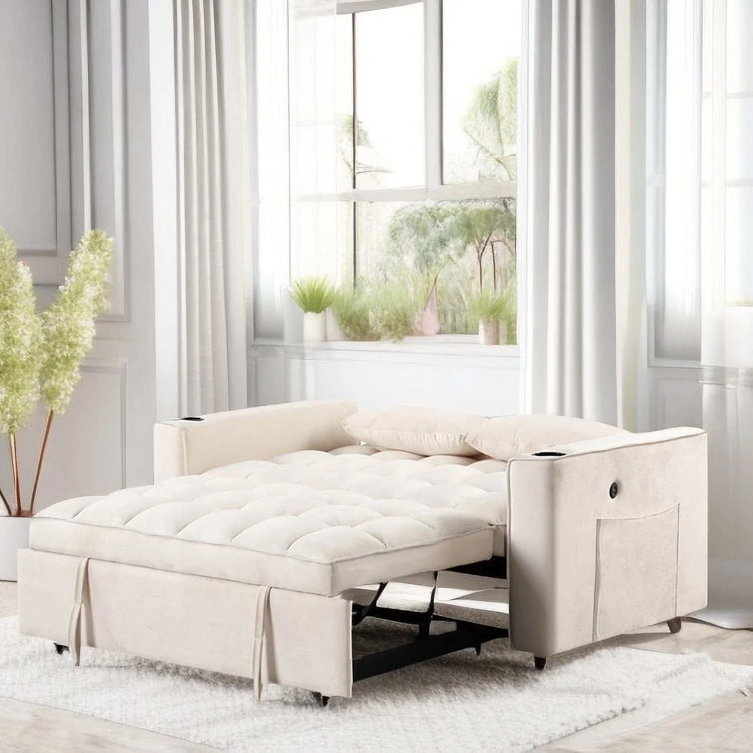 Euroco 4 in 1 Multi-functional Sofa Bed 55 inch Convertible Sofa Bed with Cup Holder and USB Port for Living Room Apartments, White