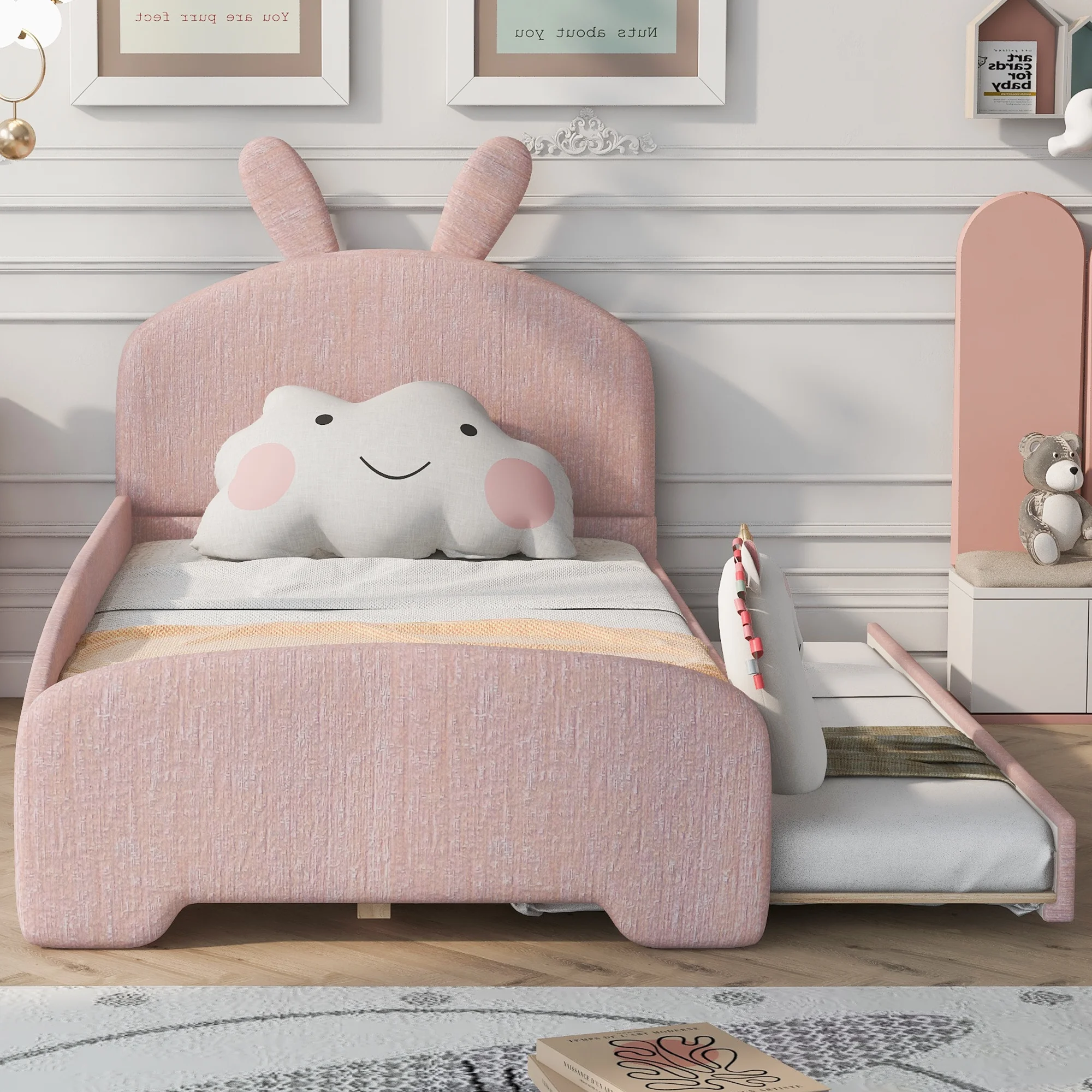 Churanty Twin Size Cartoon Bed for Kids,Wood Upholstered Bed with Trundle and Ears Shaped Headboard, Chenille Platform Bed Wood Frame, Pink