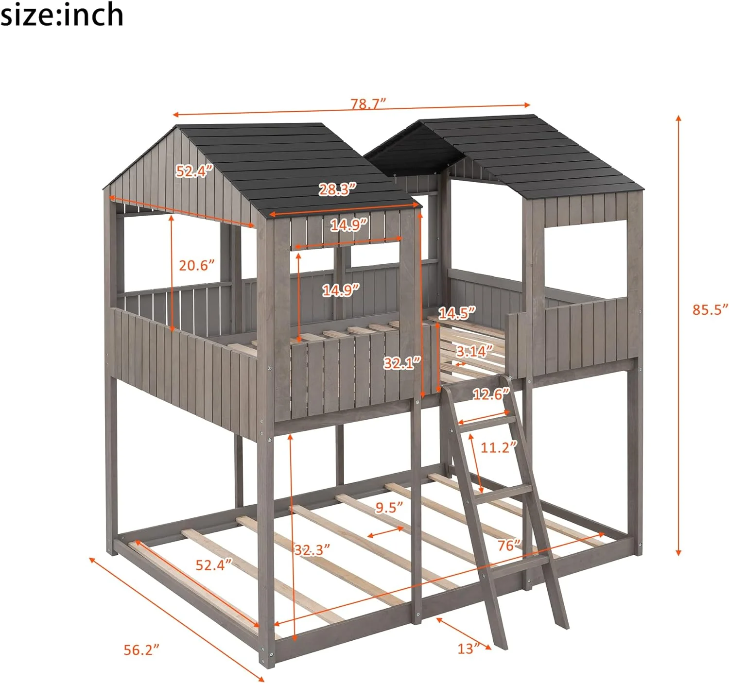 House Bunk Bed Full Over Full Size, Wooden House Bunk Beds Frame With Roof And Guard Rail, Floor Bunk Bed Frame For Kids, Teens, Girls & Boys (Full Over Full Bunk Bed, Antique Gray)