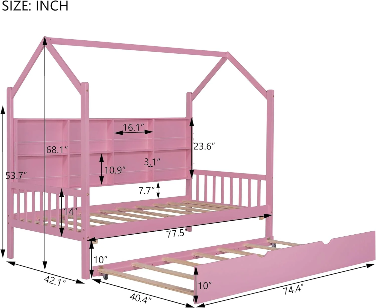 Wooden Twin Size House Bed with Trundle, Kids Bed with Storage Shelf, House Shaped Bed Platform Bed for Kids