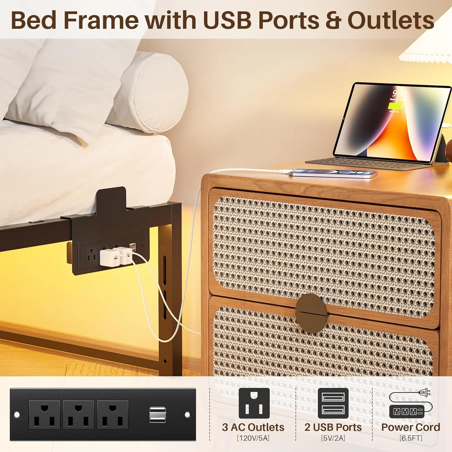 Homieasy Metal Bed Frame with Charging Station and LED Lights, 14 Inch King Size Platform Bed Frame with Non-Slip Mattress Gaskets, Sturdy Steel Slats, No Box Spring Needed, Easy Assembly