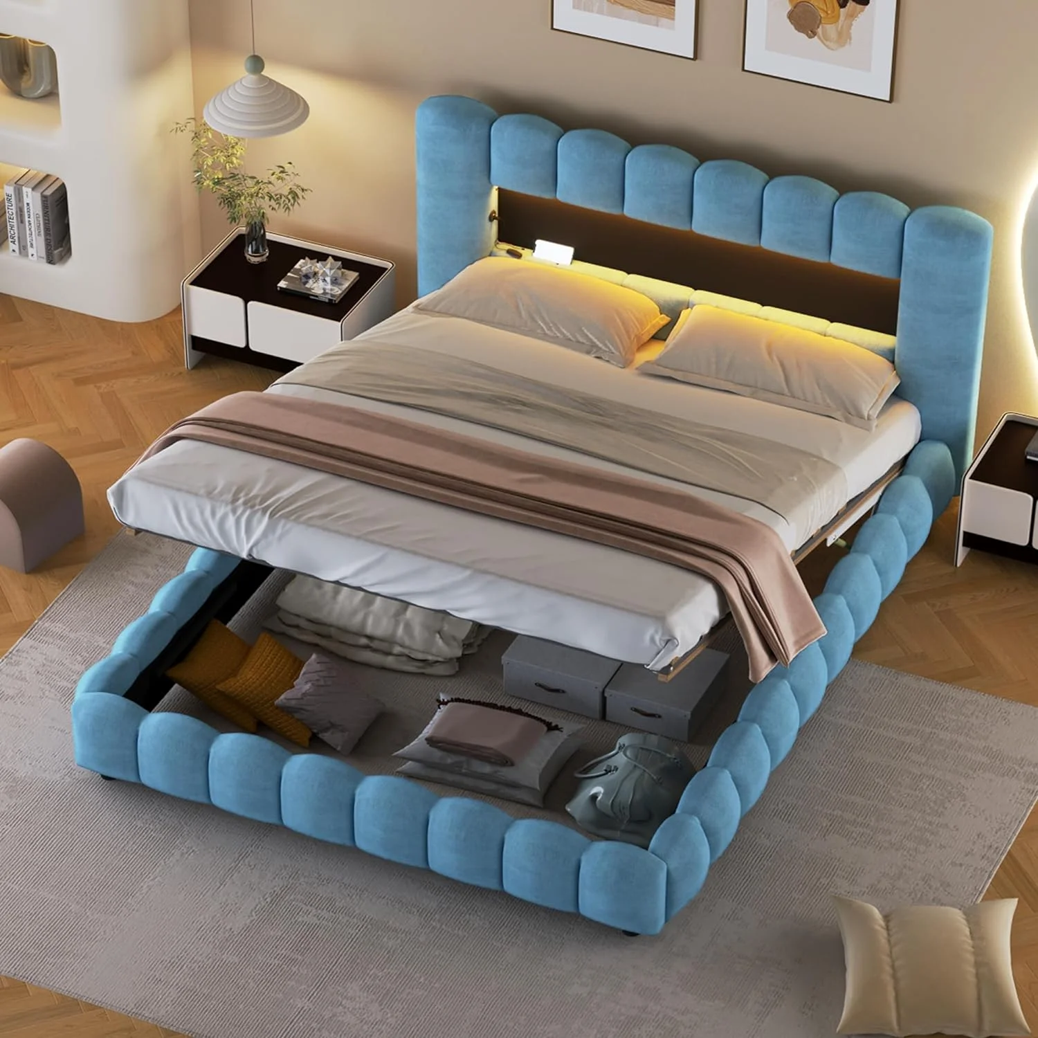 Quee Size Upholstered Lie Fraic Platform Bed With LED Headboard Ad USB,Quee Lift Up Storage Bed Frame For Bedroom,Blue
