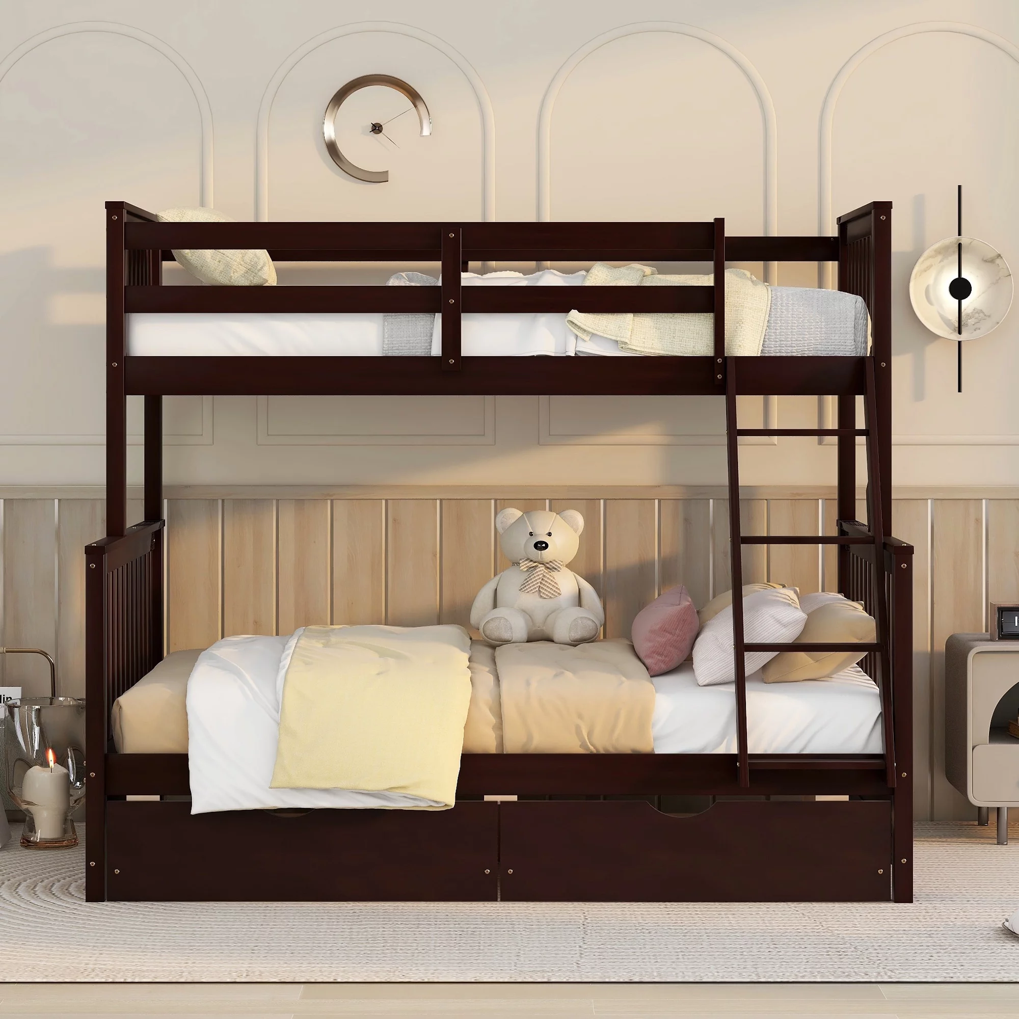 Twin Over Full Bunk Bed with Storage Drawer, Solid Wood Bunk Bed Frame with Ladders & Safety Guardrail, Bedroom Furniture for Kids, Teens, Adults, Espresso
