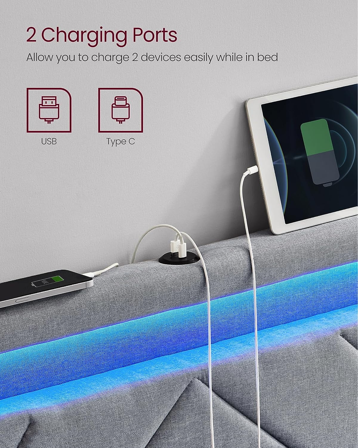 VASAGLE Queen Size LED Bed Frame with Headboard and 4 Drawers Storage Adjustable Upholstered Headboard 1 USB Port and 1 Type C PortNo Box Spring Needed Light Grey