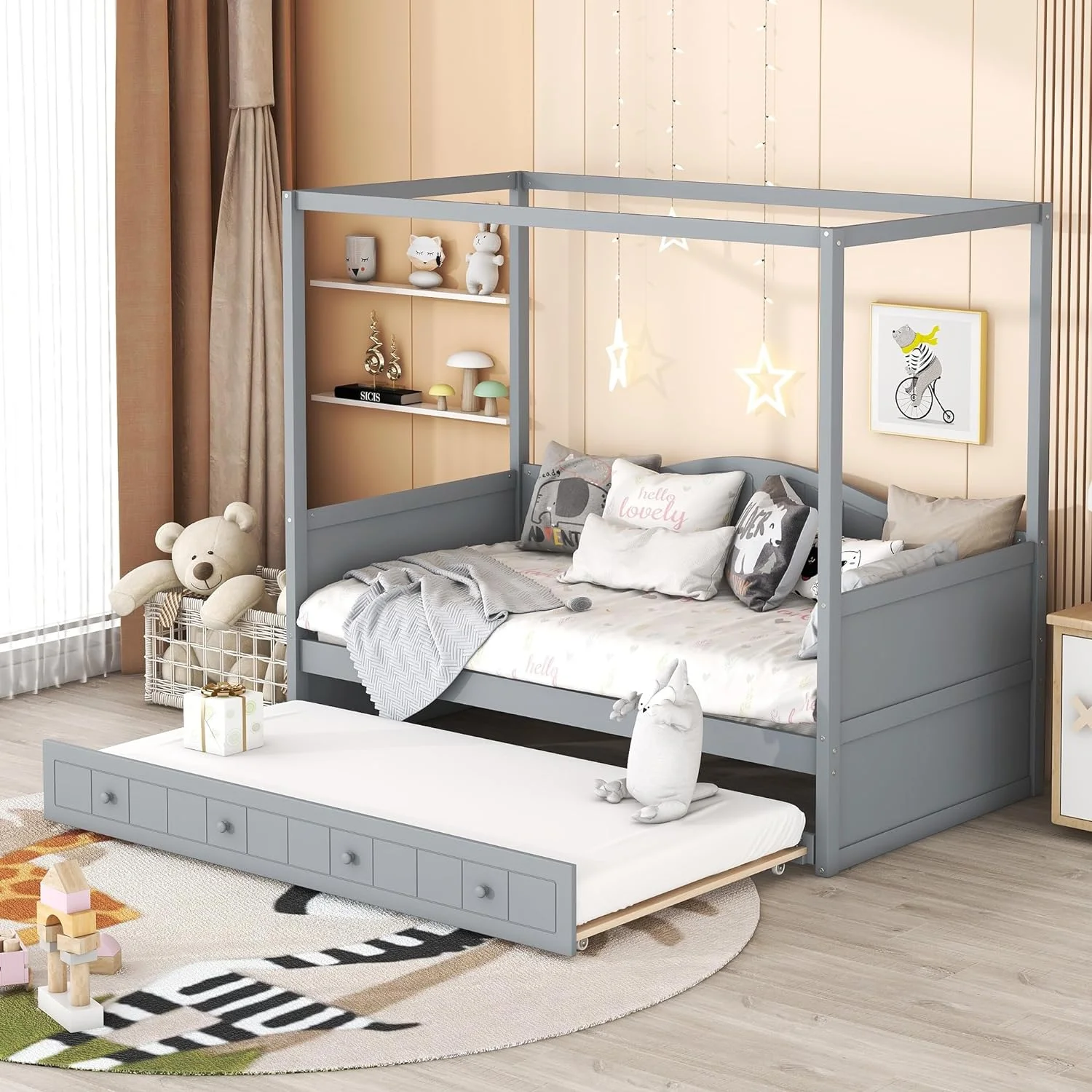 Canopy Bed With Trundle, Wooden Size Daybed Frame, Sofa Bed, Platform Bed Frame For Kids, Teens, Adults, No Box Spring Required, Gray