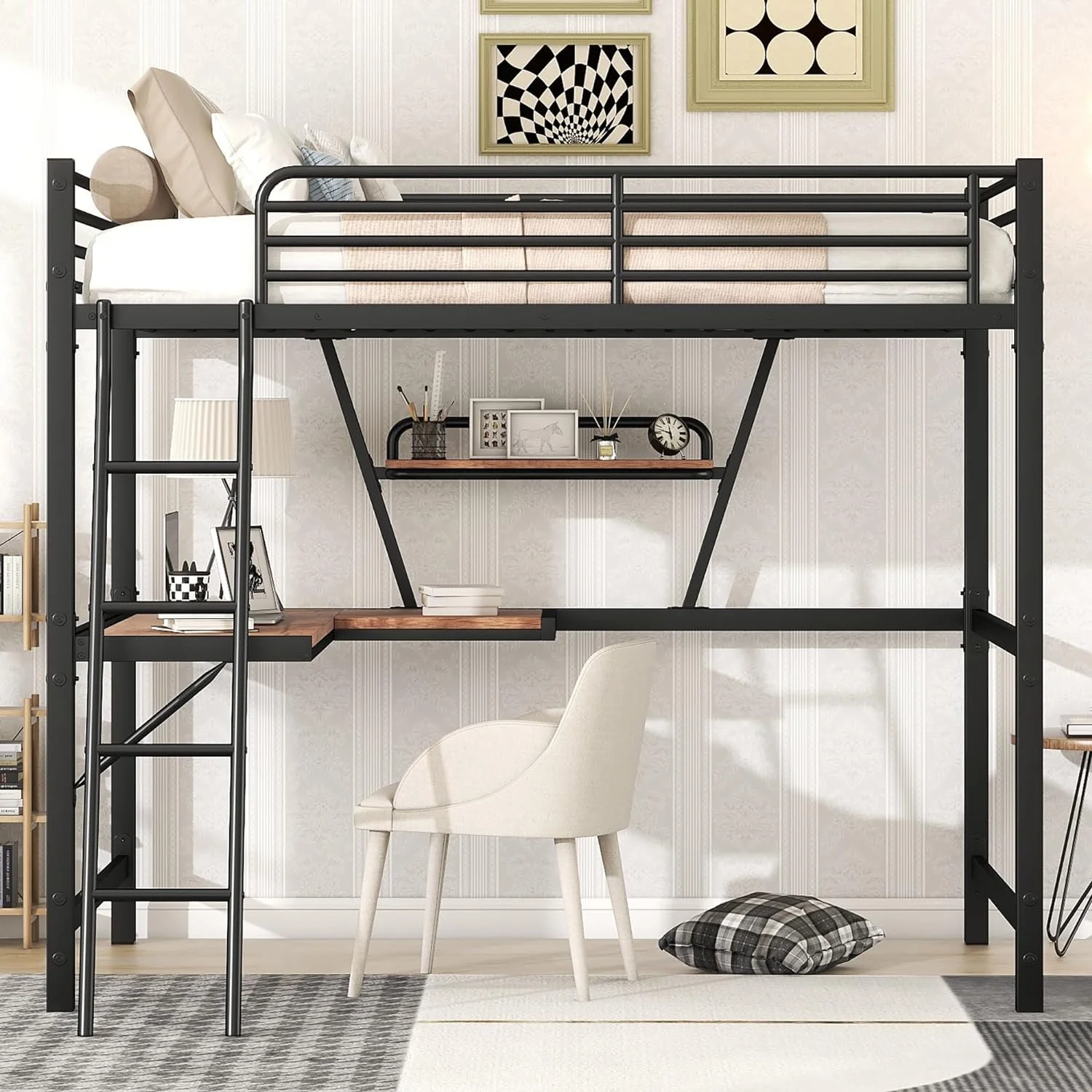 Full Size Metal Loft Bed Frame With L-Shaped Desk, Ladder And Shelf