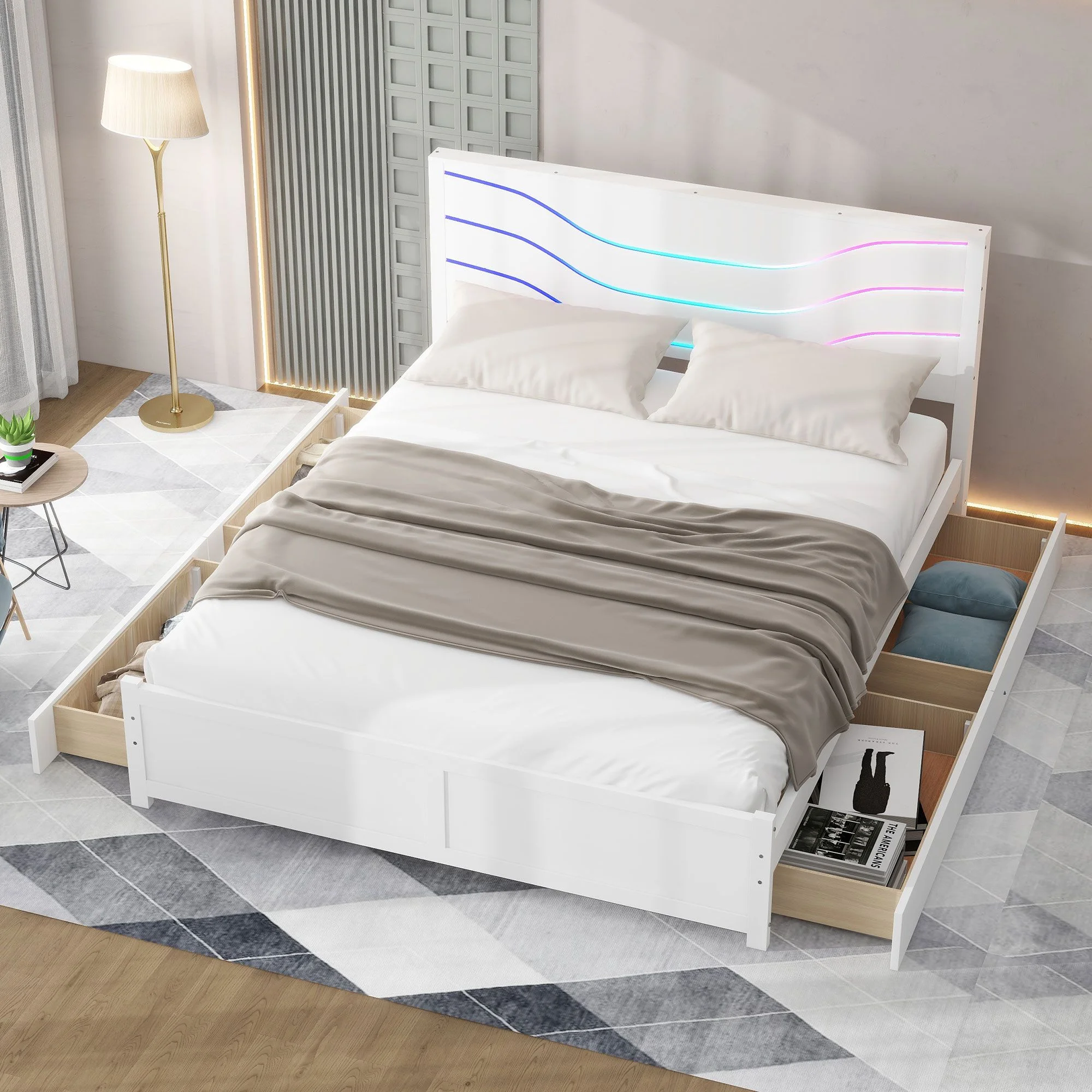 Queen Wood Platform Bed Mattress Foundation with LED and 4 Drawers, Bed Frame Storage Bed w/ Wooden Slats for Boy Girl, No Box Spring Needed, Easy Assembly