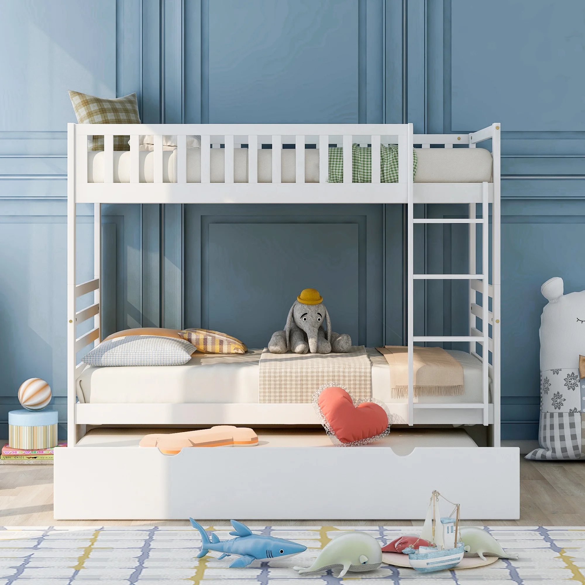 Momspeace Twin Bunk Bed with Safety Rail and Trundle for Kids Bedroom Soild Wood Furniture, White