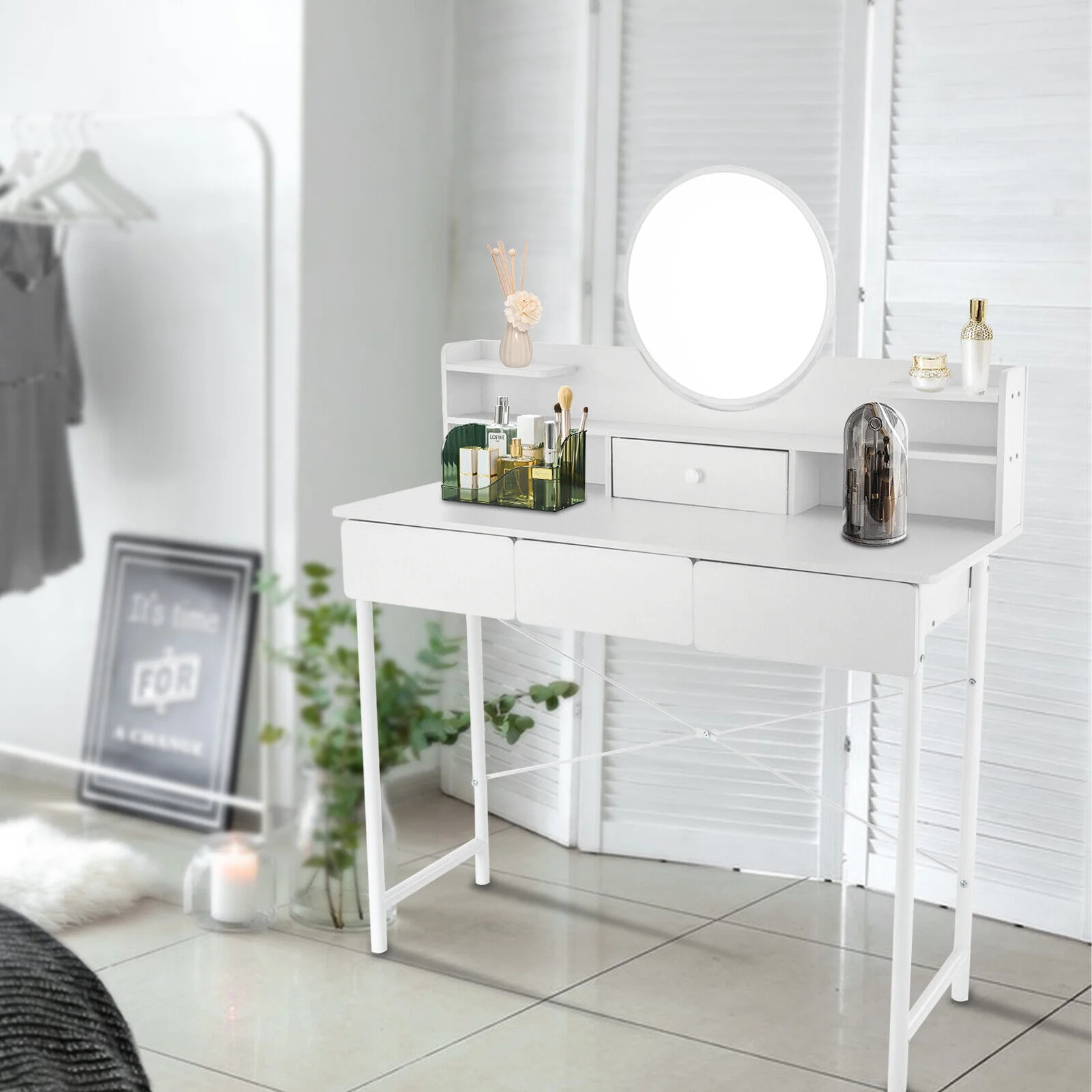 Modern Vanity Desk MDF Metal Dressing Table Makeup Table with 3-Drawers White 39.4*15.7*49.4inch, 44lbs Vanity Table Set Mirror Table