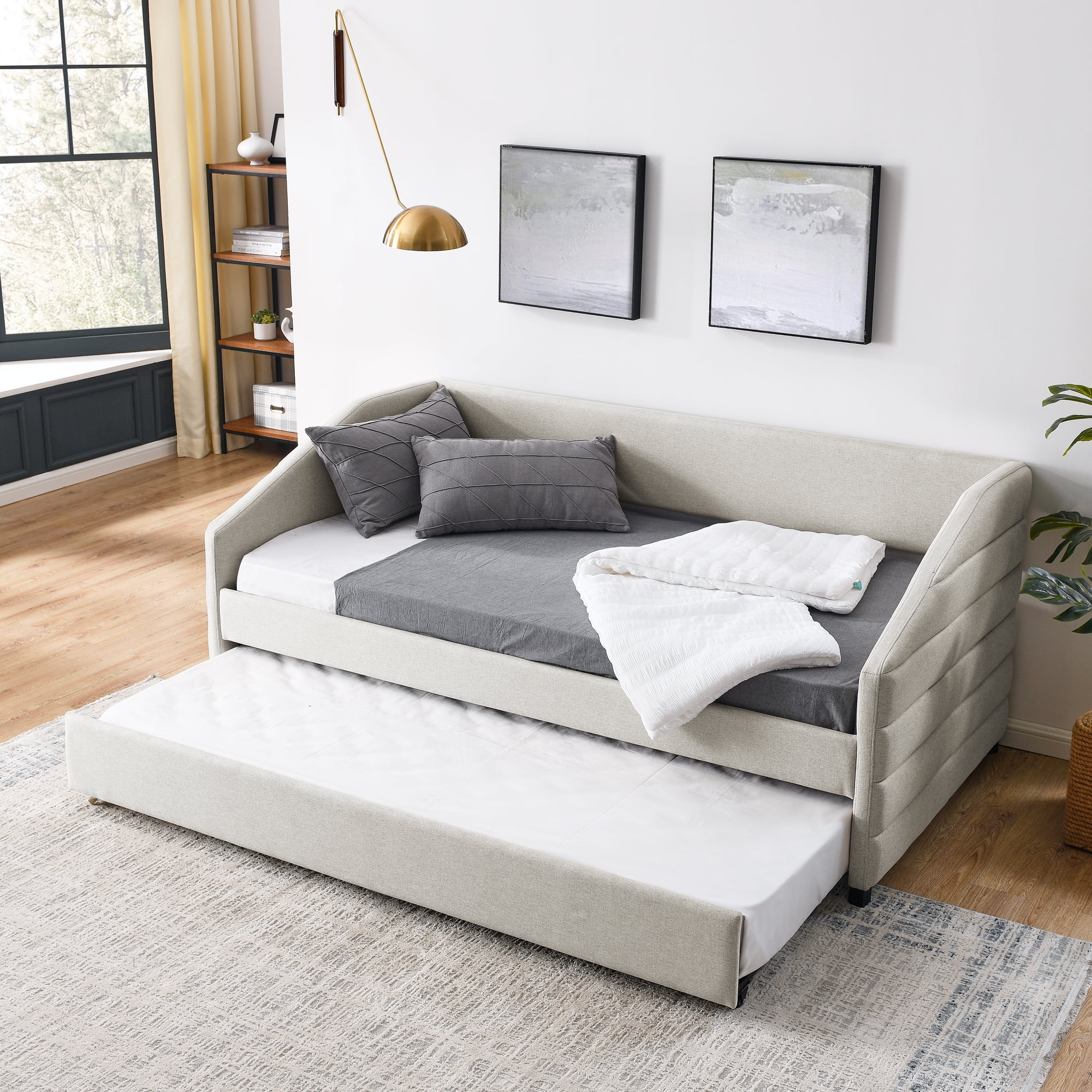 Twin Size Daybed with Trundle Upholstered Tufted Sofa Bed, Linen Fabric, Beige (82.5