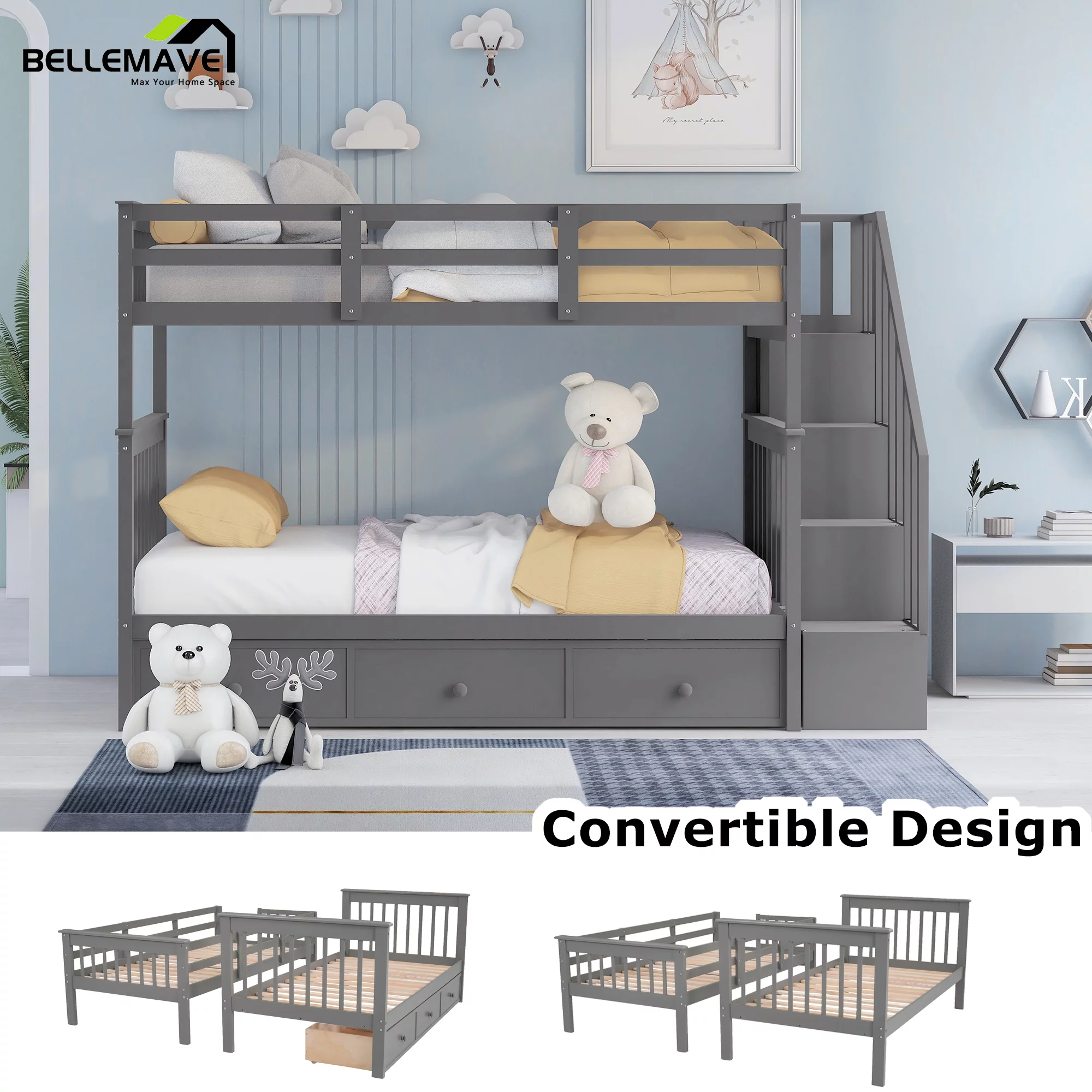 Bellemave Twin over Twin Bunk Bed with Stairs, Solid Wood Bunk Bed with Storage Drawers for Kids, Teens, Adults (Gray)