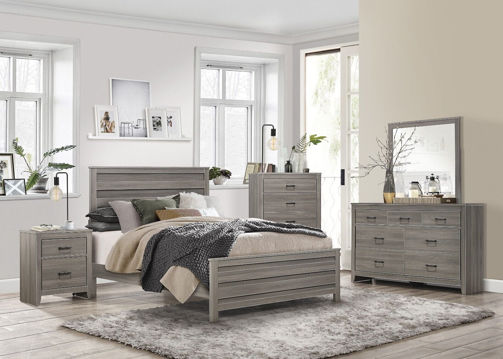 Modern Bedroom 6pc Set Queen Panel Bed Two Nightstands Dresser Mirror Chest Dark Gray Finish Wooden Furniture