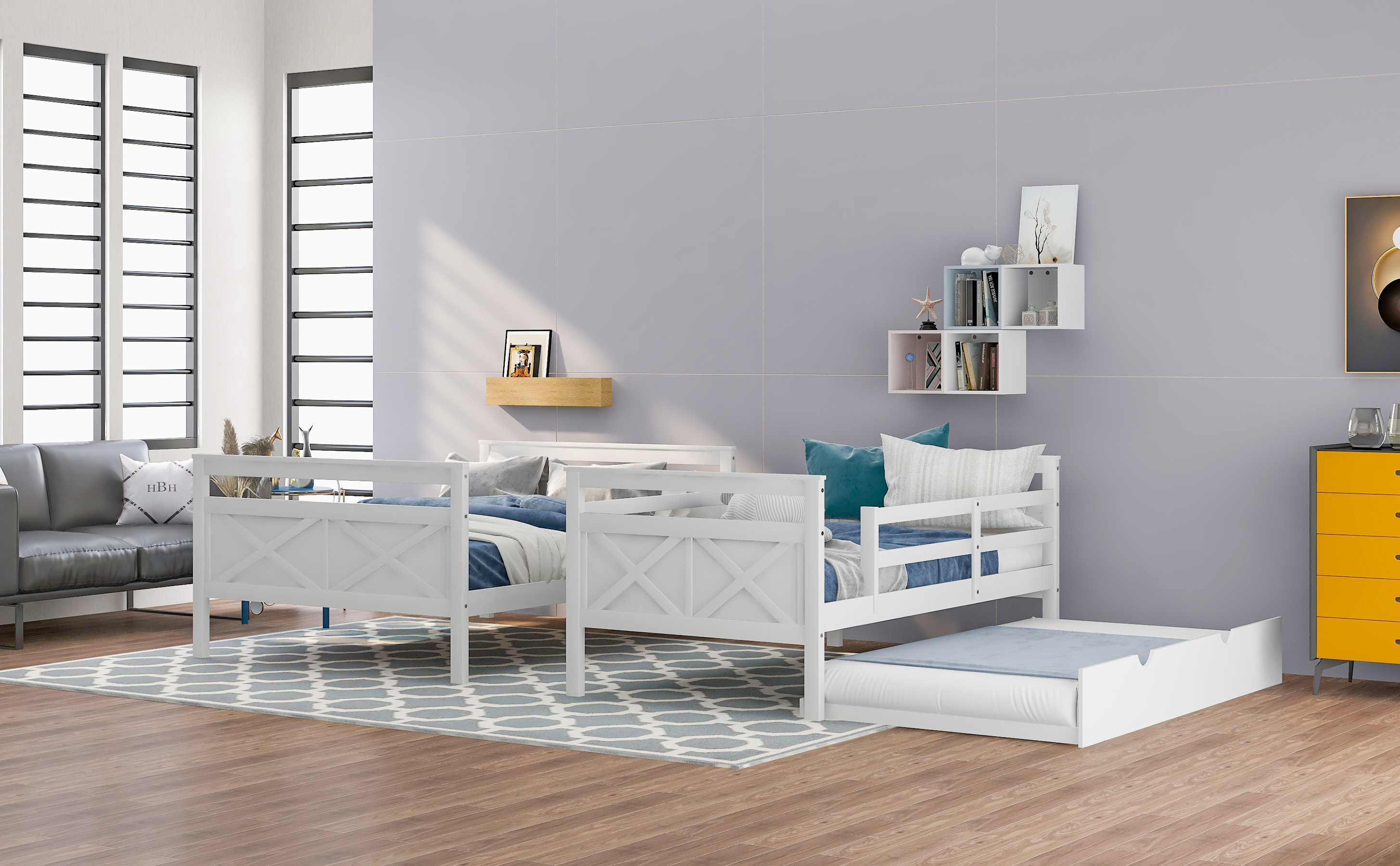 Double bunk bed with ladder, double bed casters, safety rail, white 78.7''L*96.5''W*62.3''H