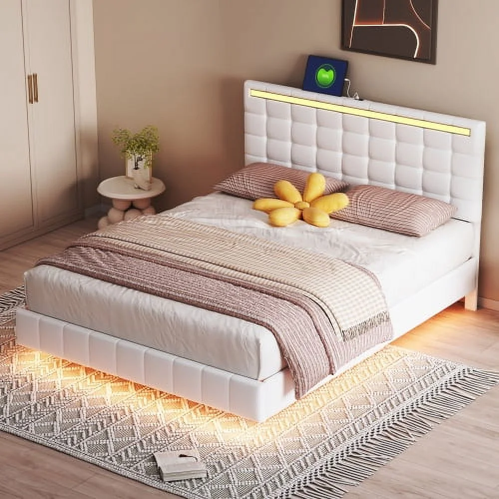 Queen Size Floating Bed Frame, PU Upholstered Platform with LED Lights & USB Port