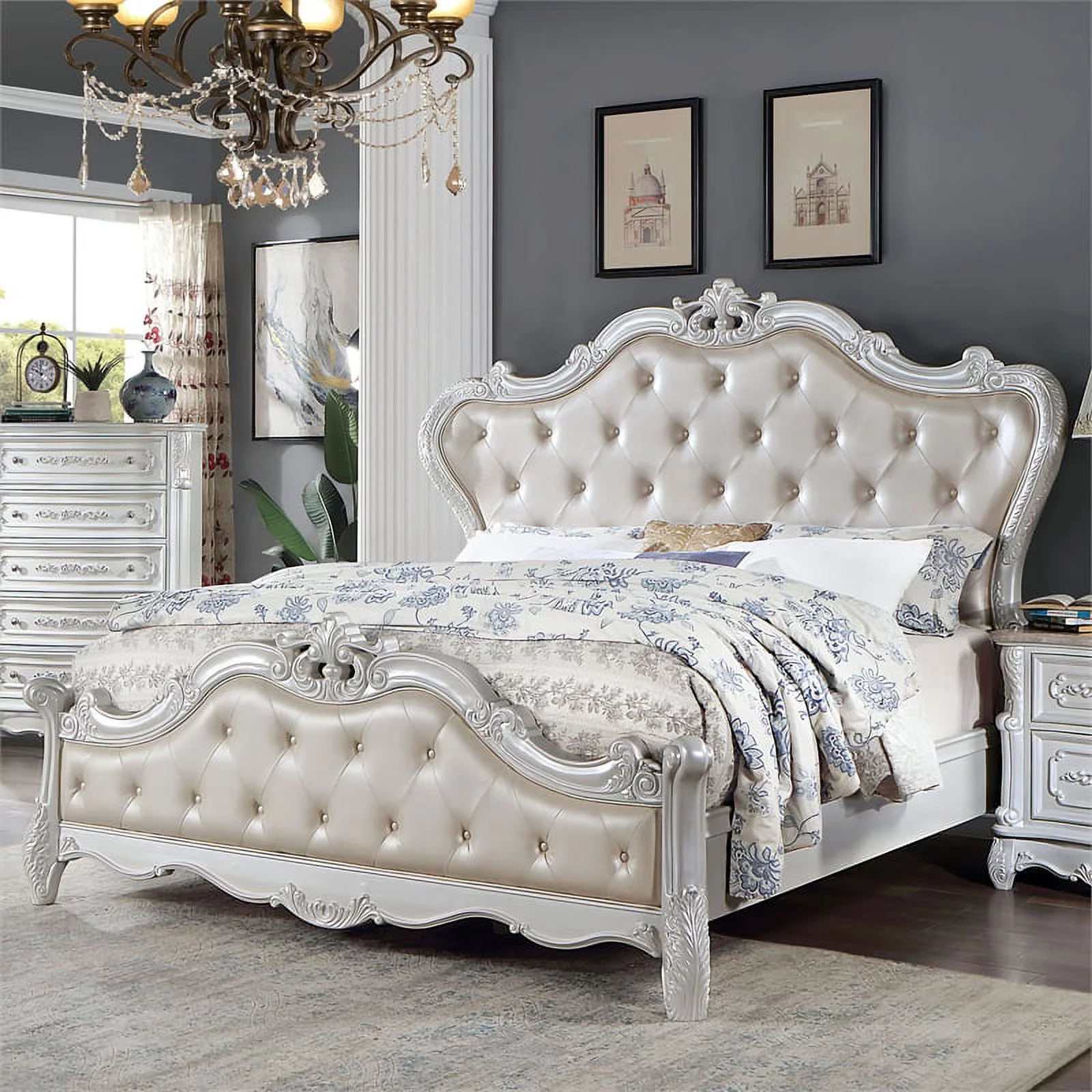 Furniture of America Rosa Wood Tufted Headboard California King Bed in White
