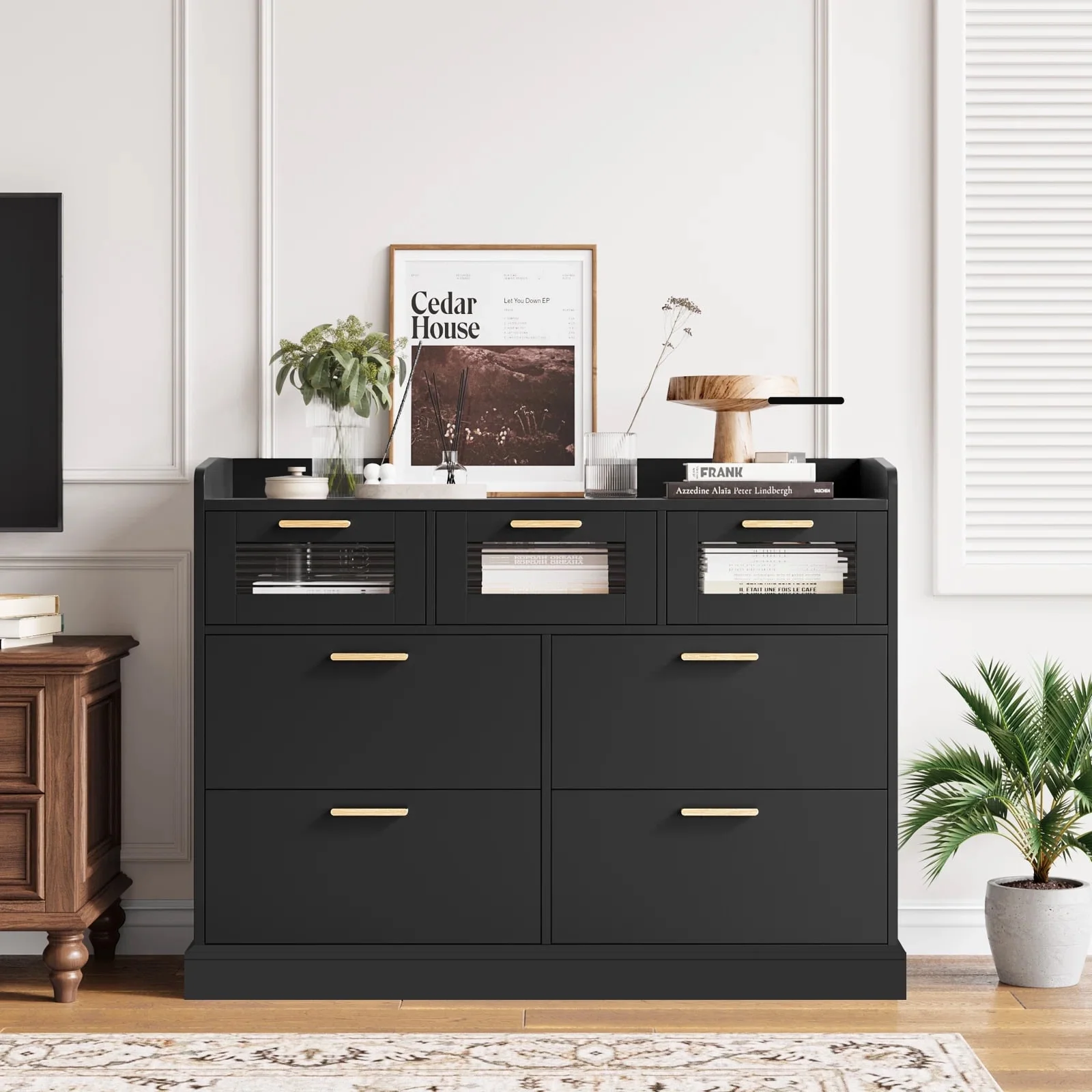 Homfa 7 Drawer Black Dresser for Bedroom, Glass Panel Wood Storage Cabinet with Easy Pull Out Handles for Living Room