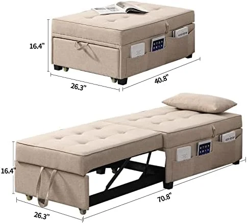 RUNFAYBIU Futon Chair with Lumbar Pillow and 3 Side Pockets Convertible Chair Sleeper Bed Sofa Chair 4 in 1 Ottoman Bed Tufted Fabric Gray (Blue M)