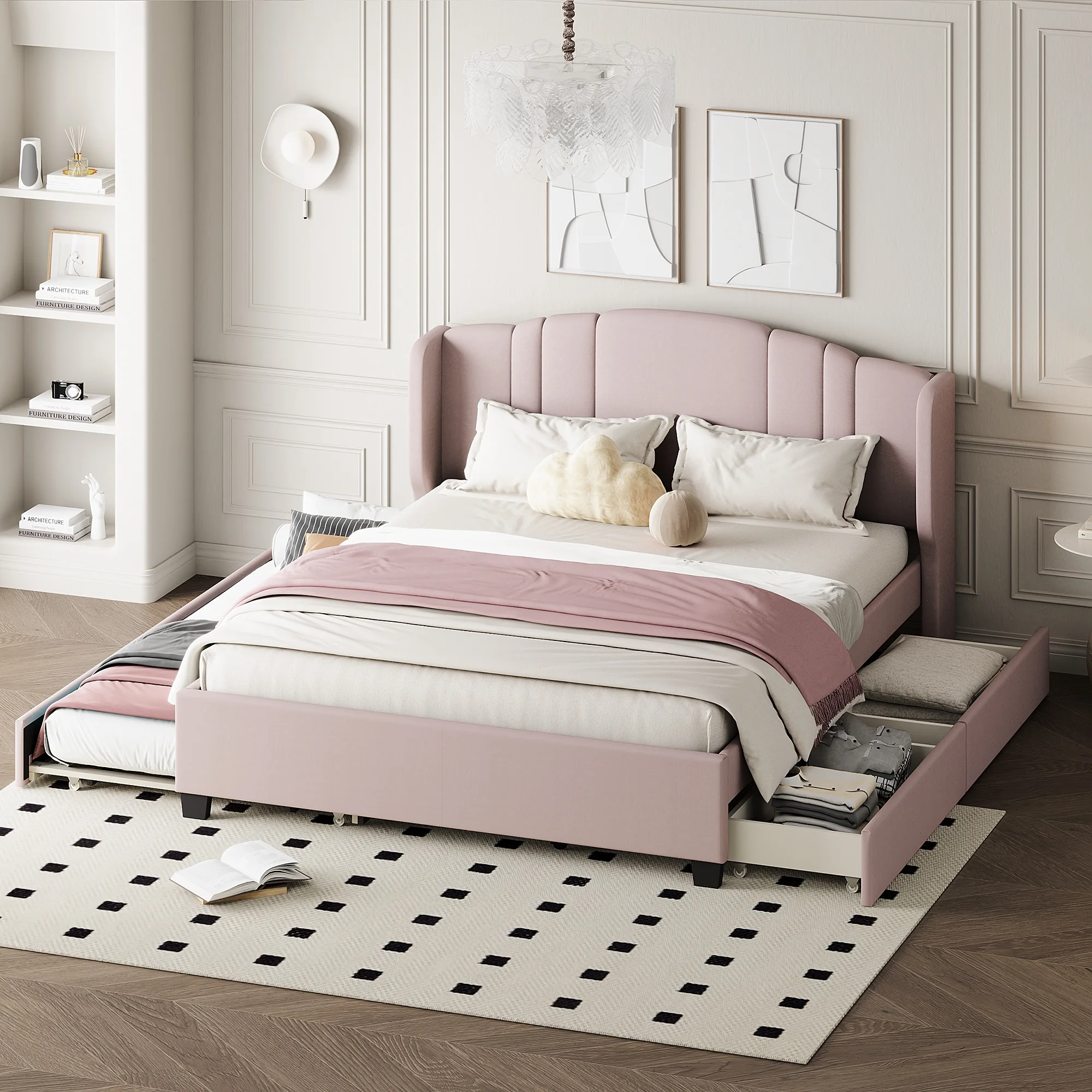 CoSoTower Upholstered Platform Bed with Wingback Headboard, One Twin Trundle and 2 Drawers, No Box Spring Needed, Linen Fabric, Queen Size Pink