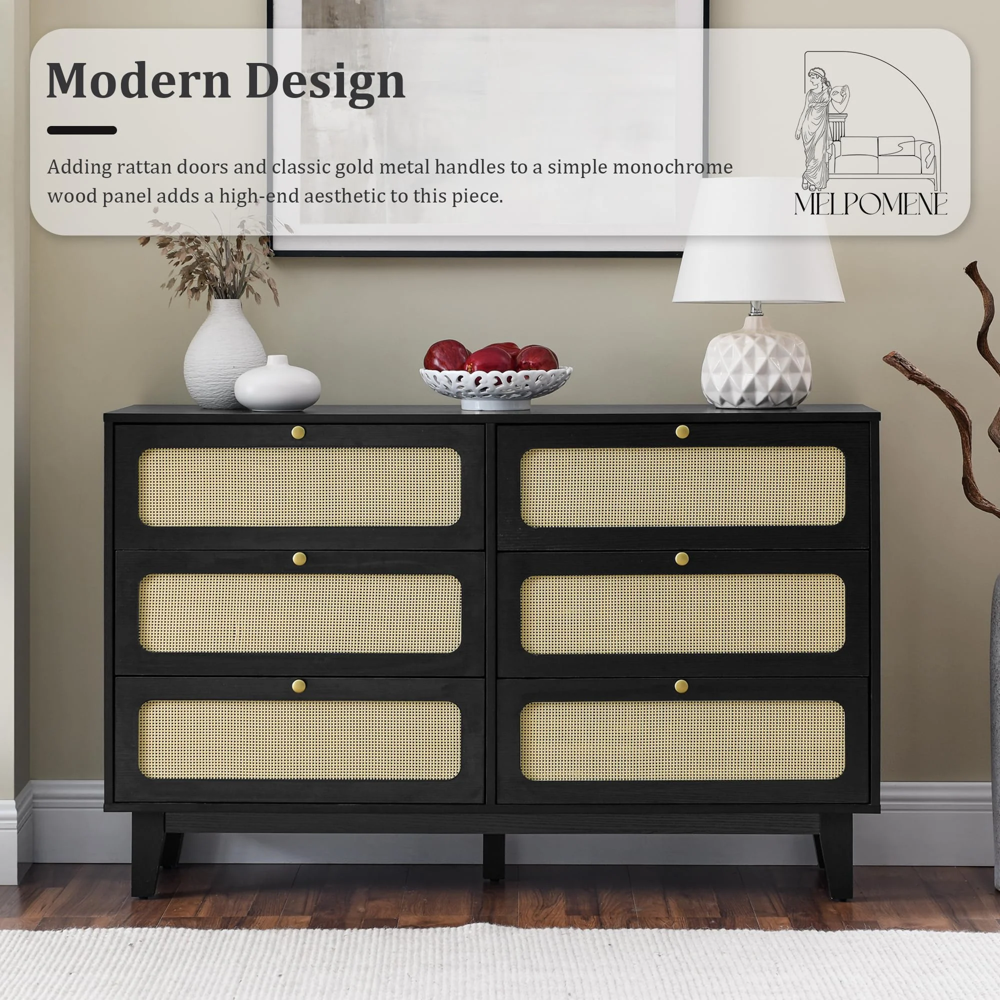 CQSXDA Mid Century Modern Rattan Dresser with 6 Drawers, Drawer Bedroom Storage Dresser, Wood Chest of Drawers with Gold Handles, for Living Room, Entryway, Hallway, Black