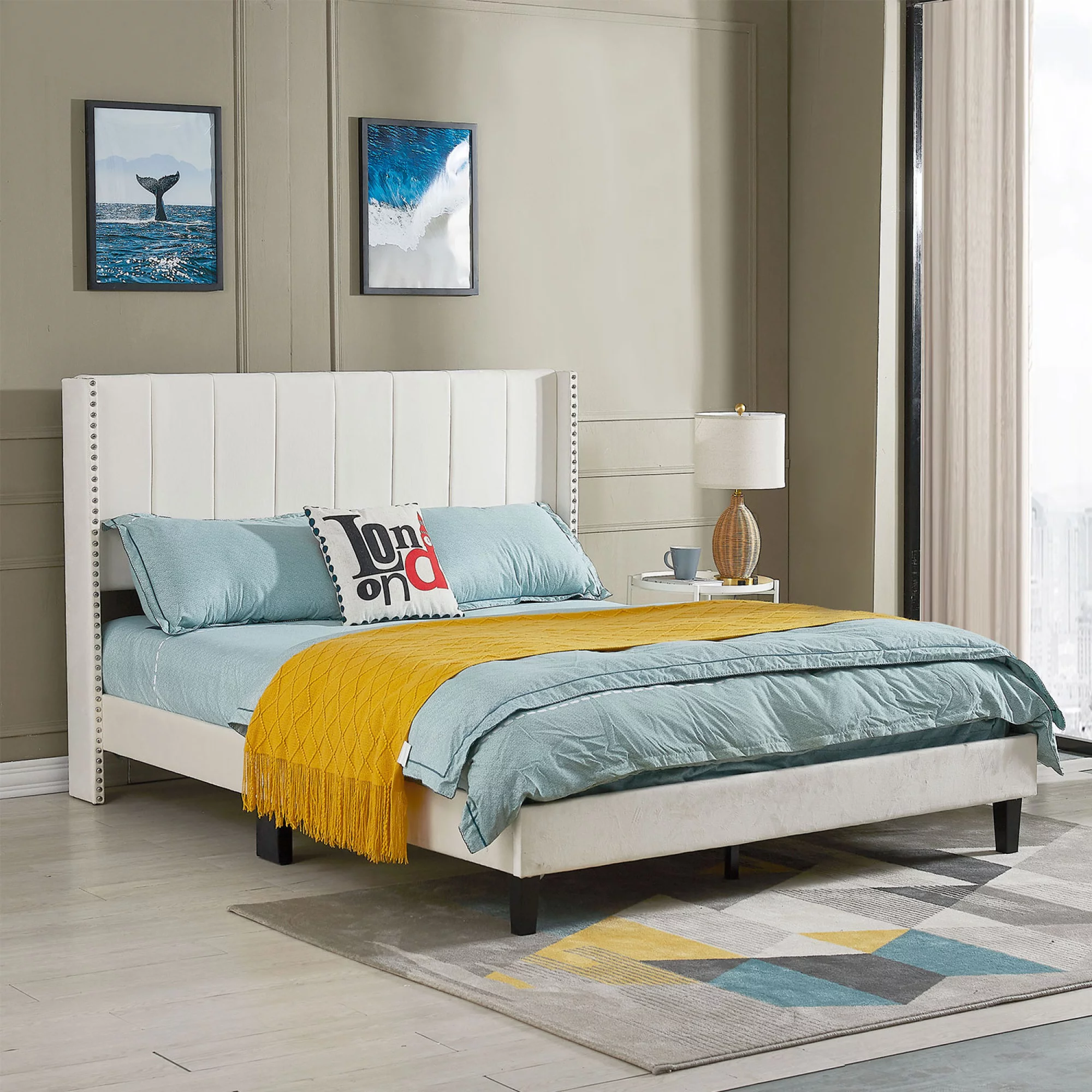 Contemporary Velvet Upholstered Queen Bed Frame, Beige, 86.6L x 65.4W x 46.3H