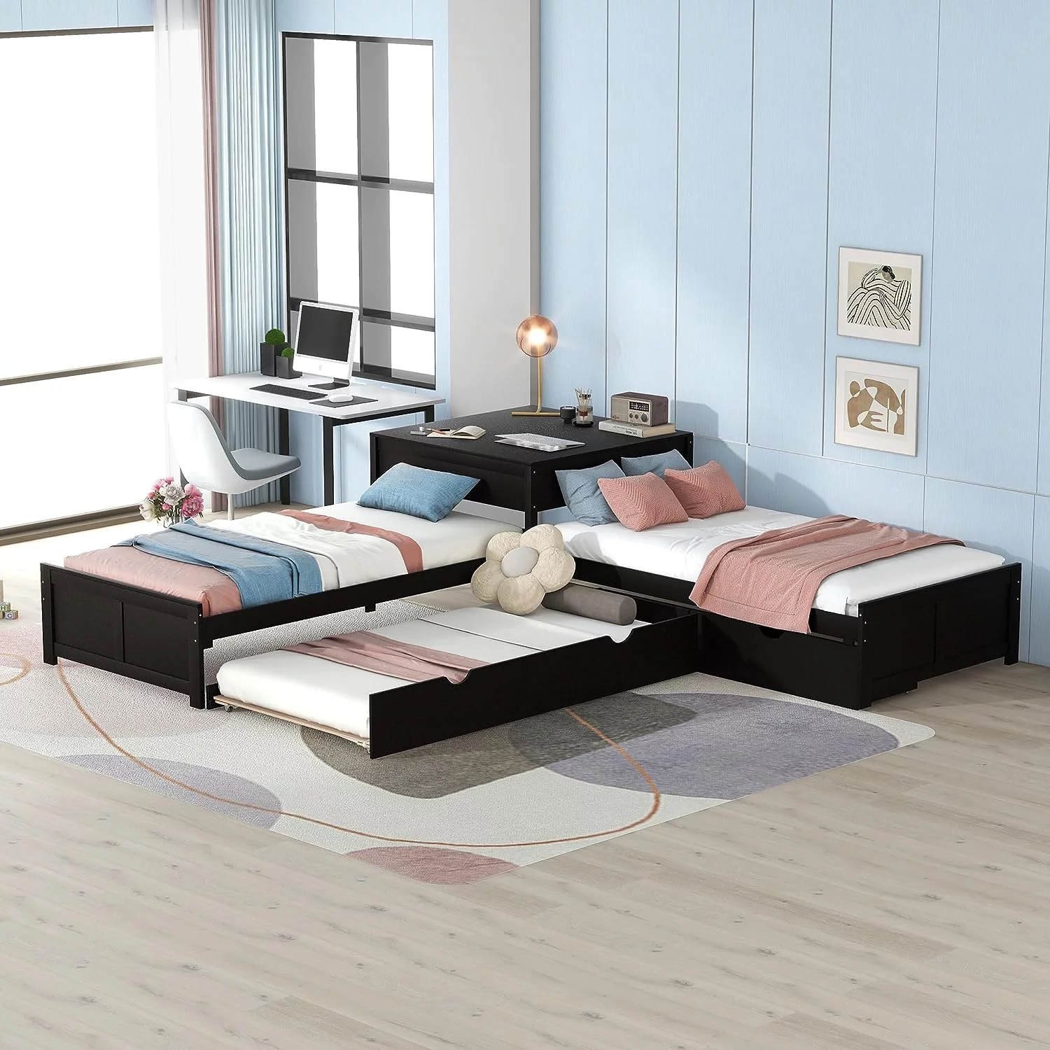 Bellemave L Shaped Platform Bed with Trundle and Drawers, Wood Twin Szie Corner Bed Built-in Desk, Twin Bed Frame for 3 Kids Teens Adults (Espresso)