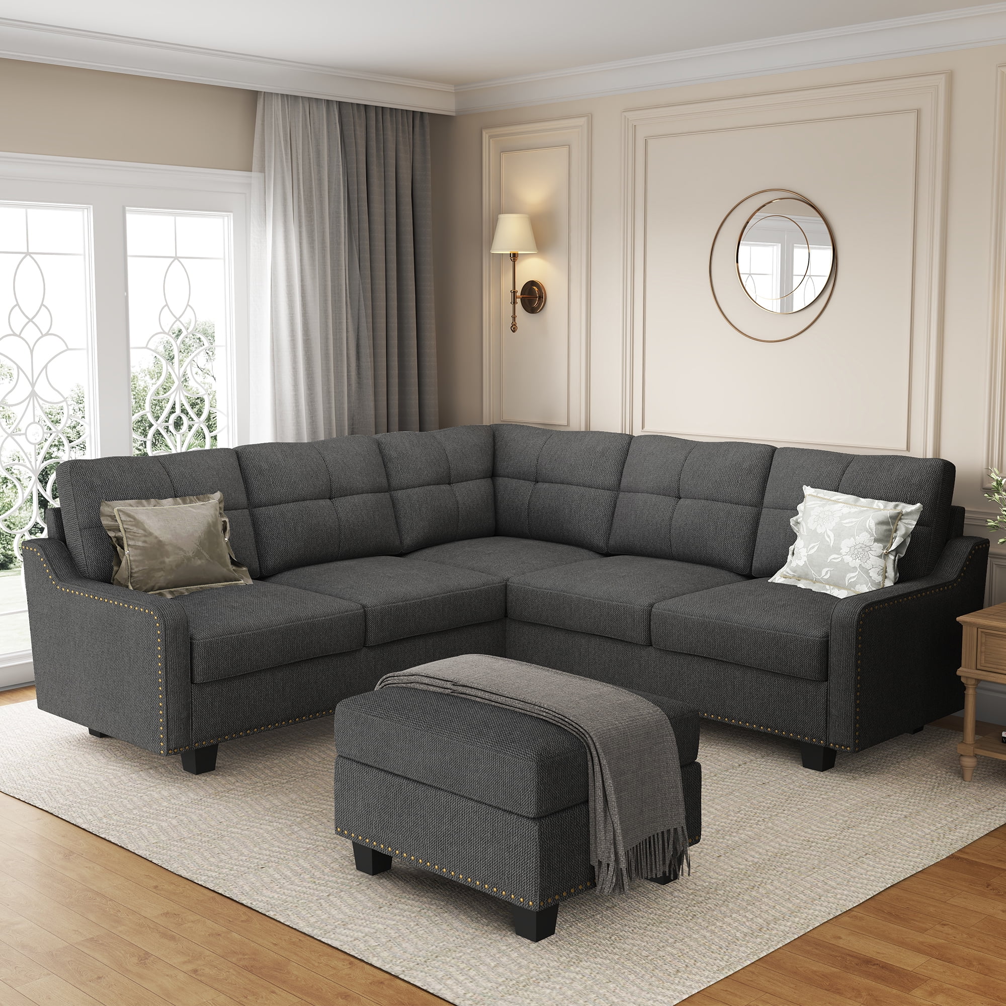 HONBAY Modern Convertible Nailhead Trim Sofa Set with Storage Ottoman, Dark Gray Sofa Set for Living Room
