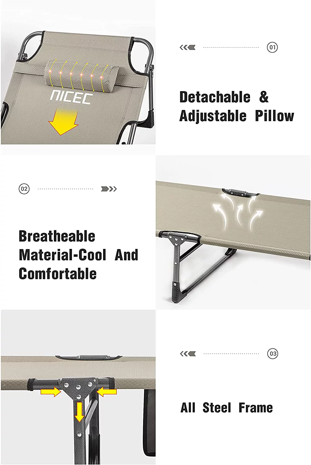 Nice C Folding Camping Cot, Lounge Chair, Sleeping Bed, 4-Reclining Position with Pillow & Storage Bag, Heavy Duty Holds Up to 250 Lbs，Lightweight, Comfortable for Outdoor&Indoor (2-Pack Olive)