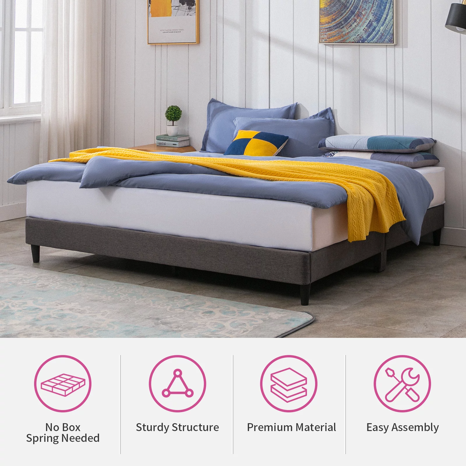 MUZZ California King Size Platform Bed Frame,Cotton Linen Fabric Queen Size Platform Bed Frame with Solid Support,No Box Spring Needed,Easy Assembly,Space Saving,(Dark Grey,Cal King)