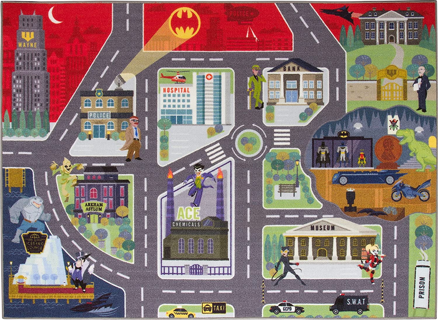 KC Cubs | Batman GOTHAM CITY™ Road Map Educational Learning & Game Area Rug Carpet for Kids and Children Bedrooms and Playroom